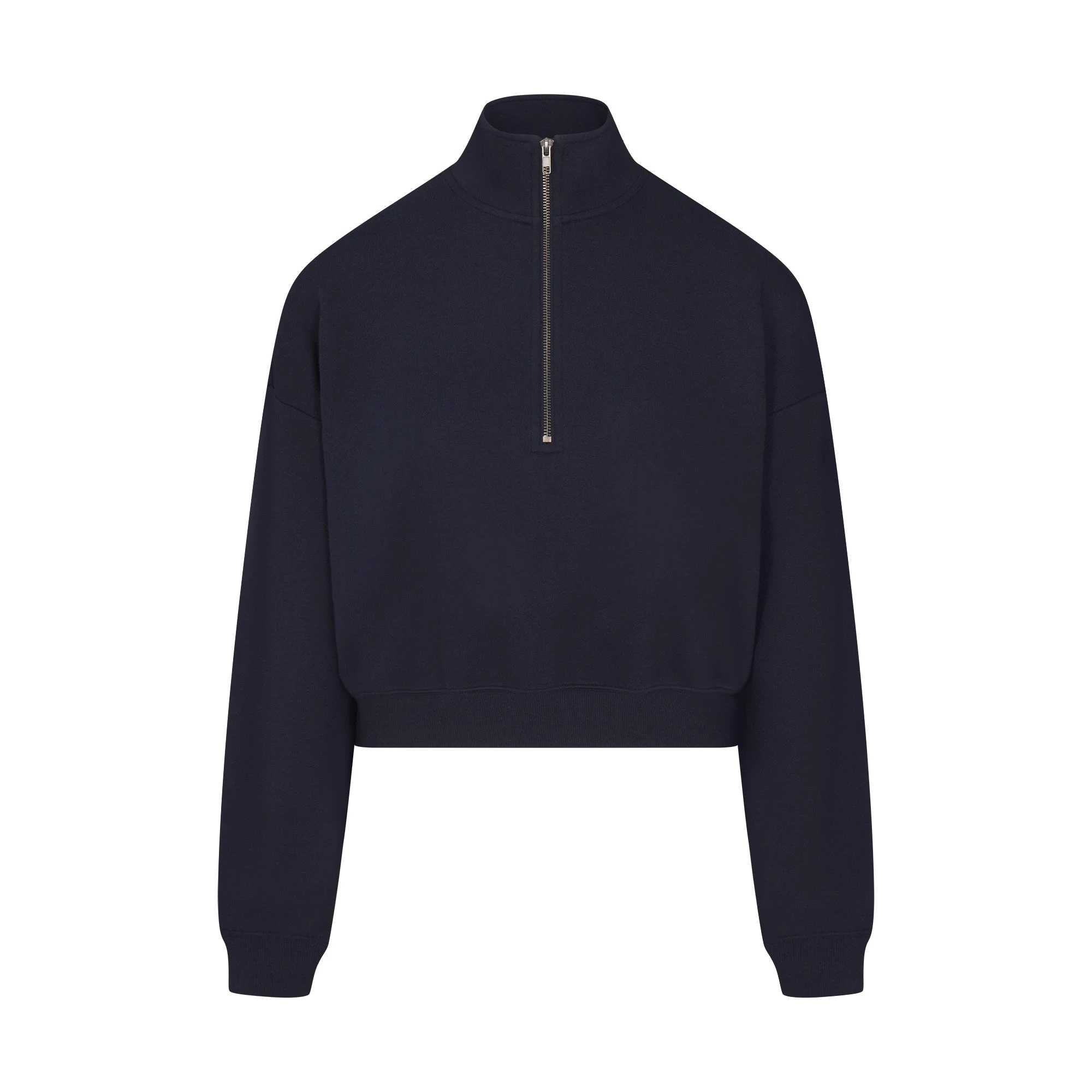 DRAPEY FRENCH TERRY HALF ZIP | NAVY FLAT ON A WHITE BACKGROUND | FLT