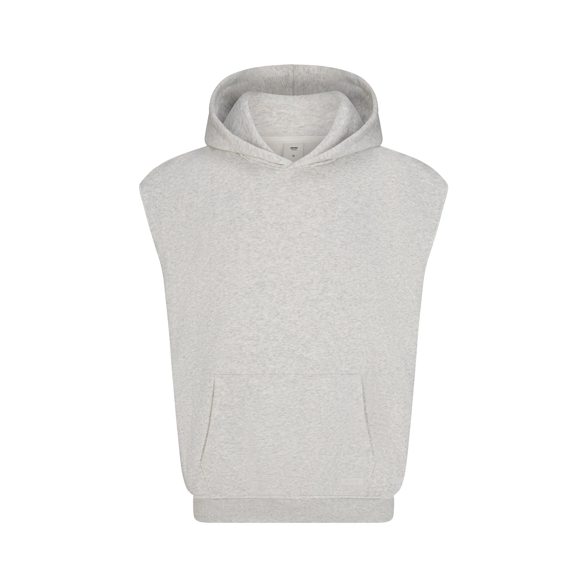 FLEECE LOUNGE MENS SLEEVELESS HOODIE | LIGHT HEATHER GREY FLAT ON A WHITE BACKGROUND | FLT