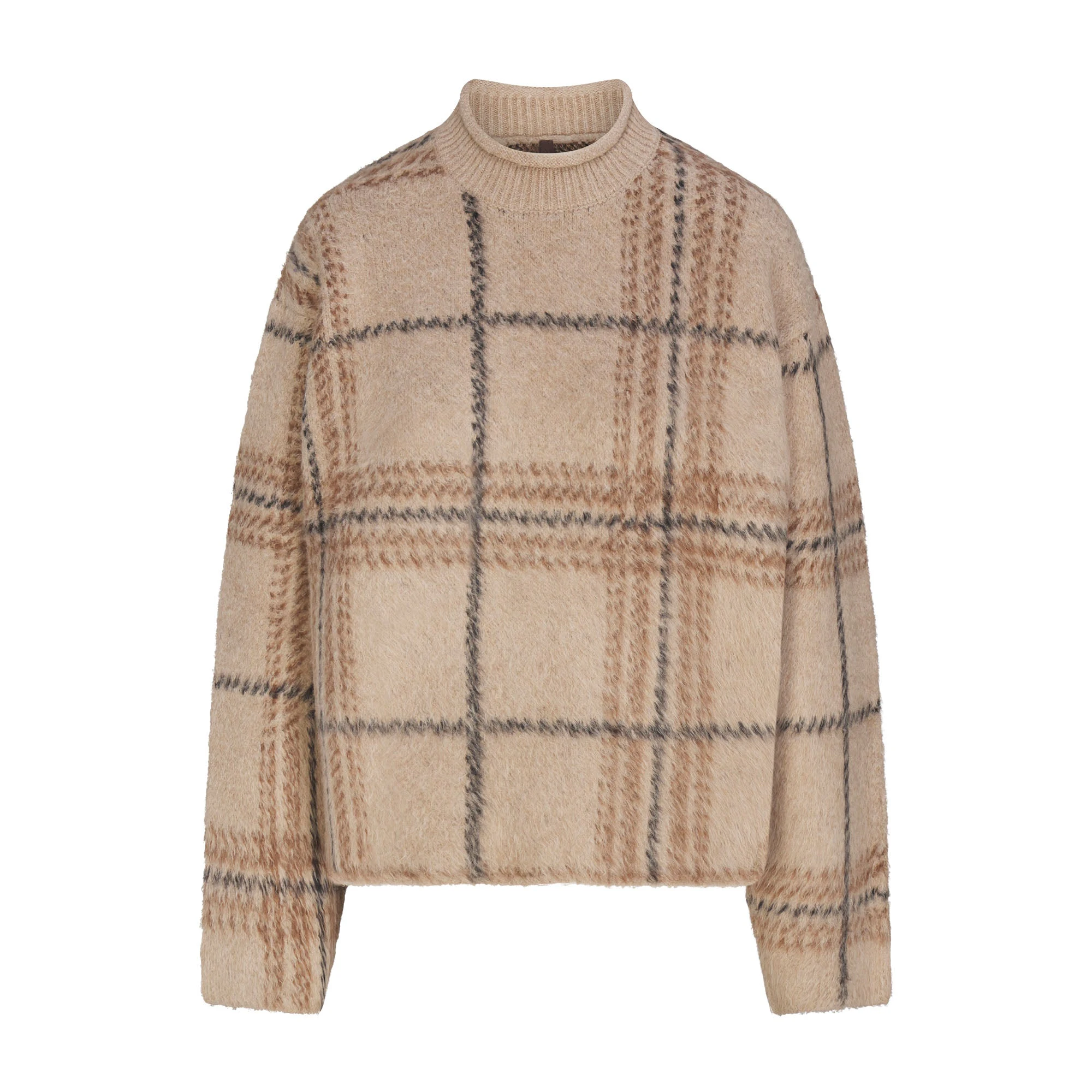 TEXTURED KNIT BRUSHED BOXY PULLOVER | NEUTRALS BIG HOLLY PLAID FLAT ON A WHITE BACKGROUND | FLT