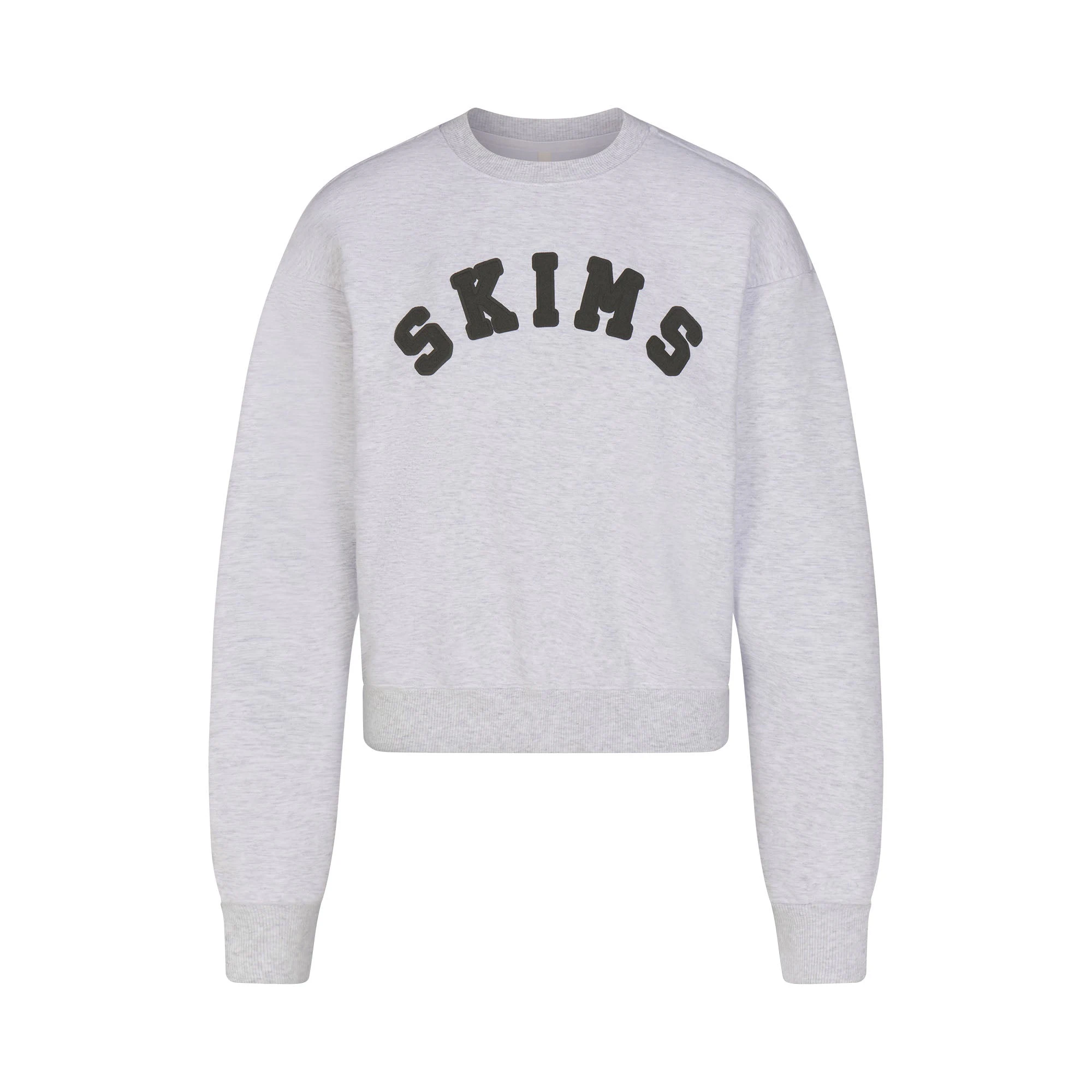 COTTON FLEECE CLASSIC CREWNECK | LIGHT HEATHER GREY WITH ONYX LOGO FLAT ON A WHITE BACKGROUND | FLT