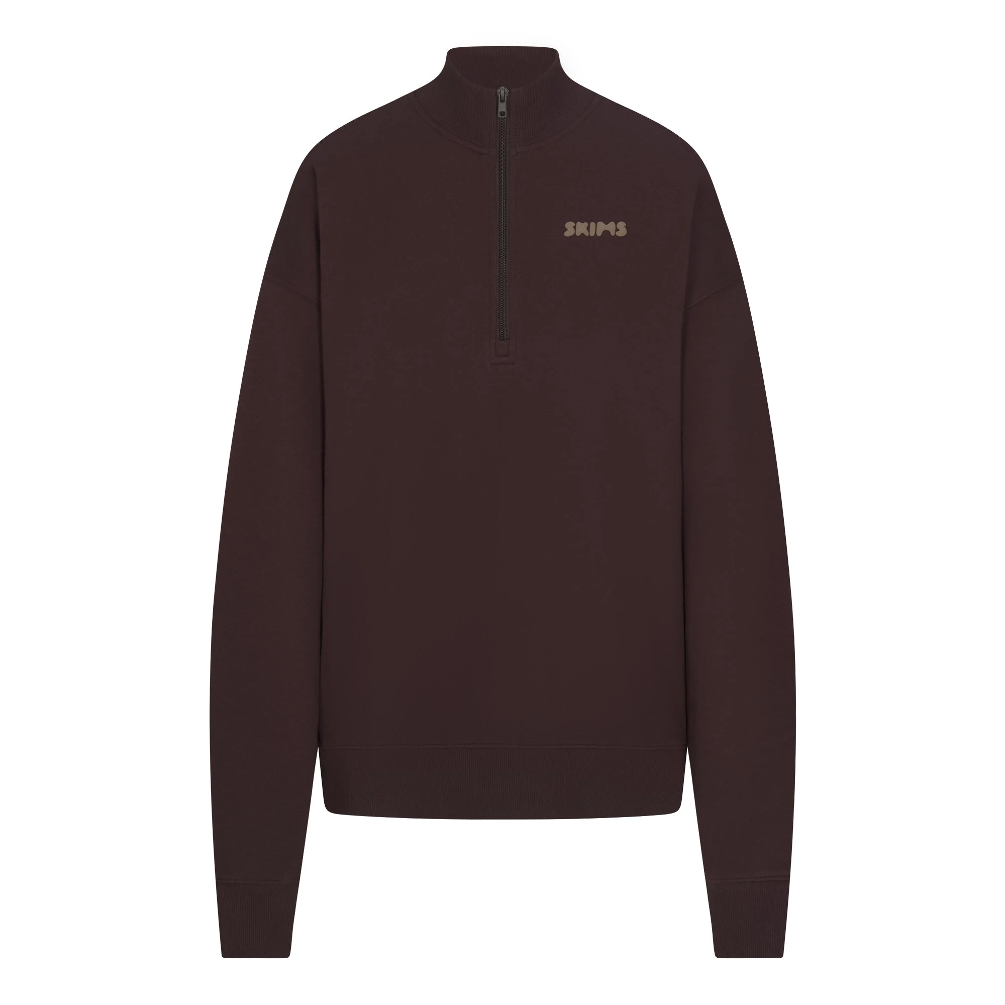 COTTON FLEECE MOCK NECK QUARTER ZIP WITH EMBOSSED LOGO | ESPRESSO FLAT ON A WHITE BACKGROUND | FLT