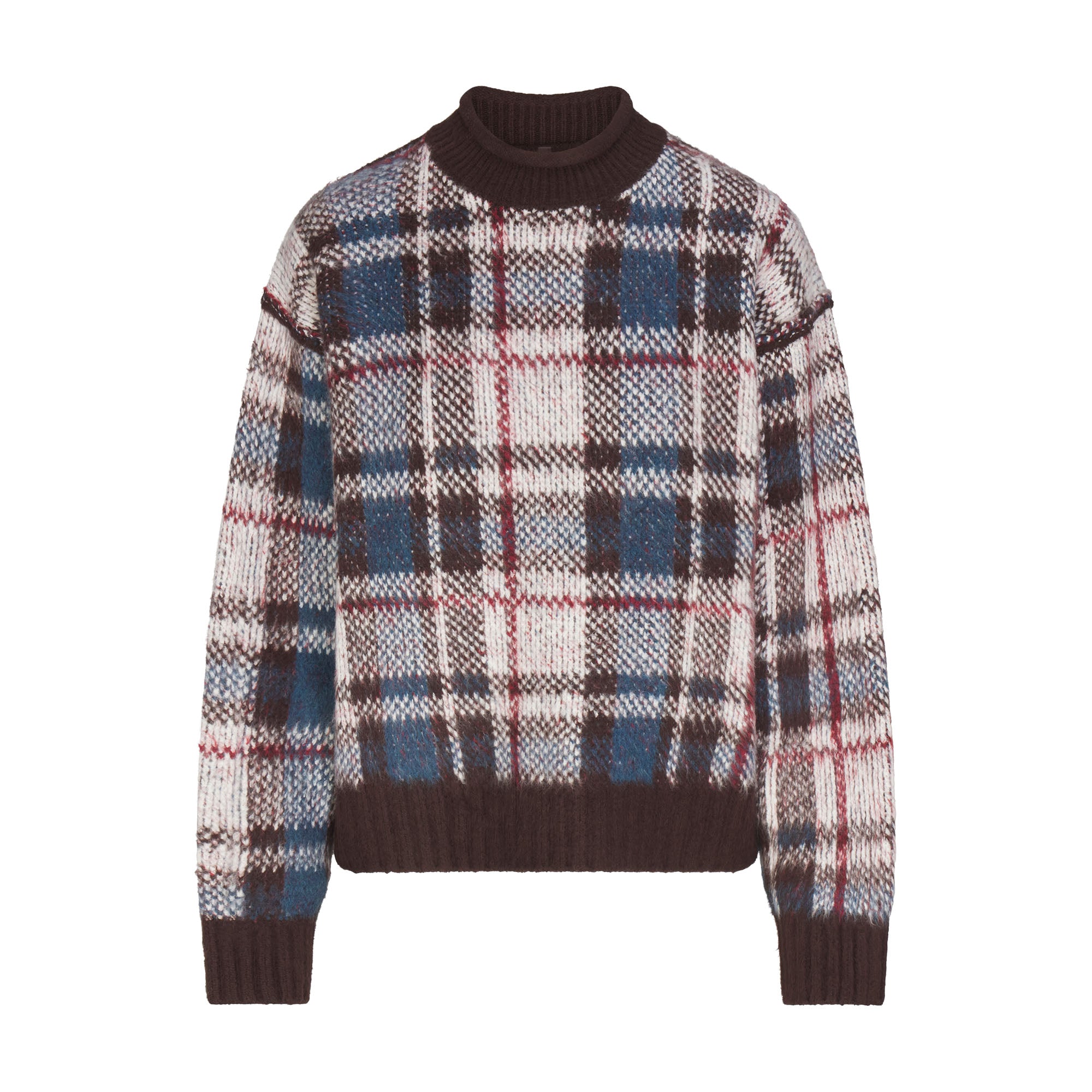 TEXTURED KNIT BRUSHED BOXY PULLOVER | PHOENIX INDIGO PLAID FLAT ON A WHITE BACKGROUND | FLT