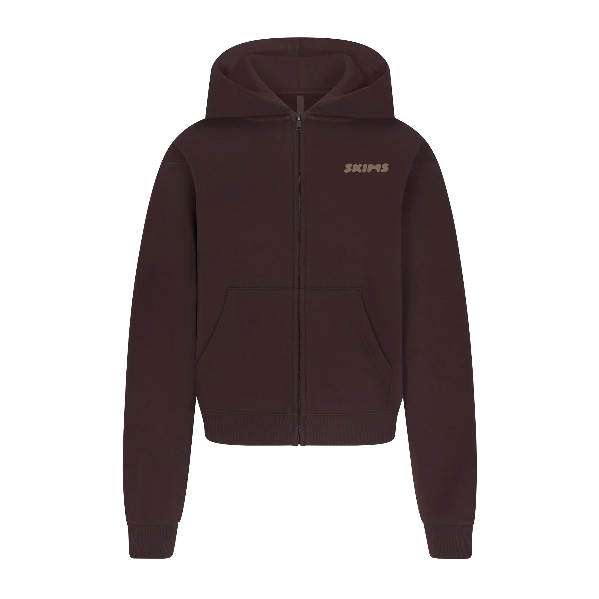 COTTON FLEECE ZIP UP HOODIE WITH EMBOSSED LOGO | ESPRESSO FLAT ON A WHITE BACKGROUND | FLT