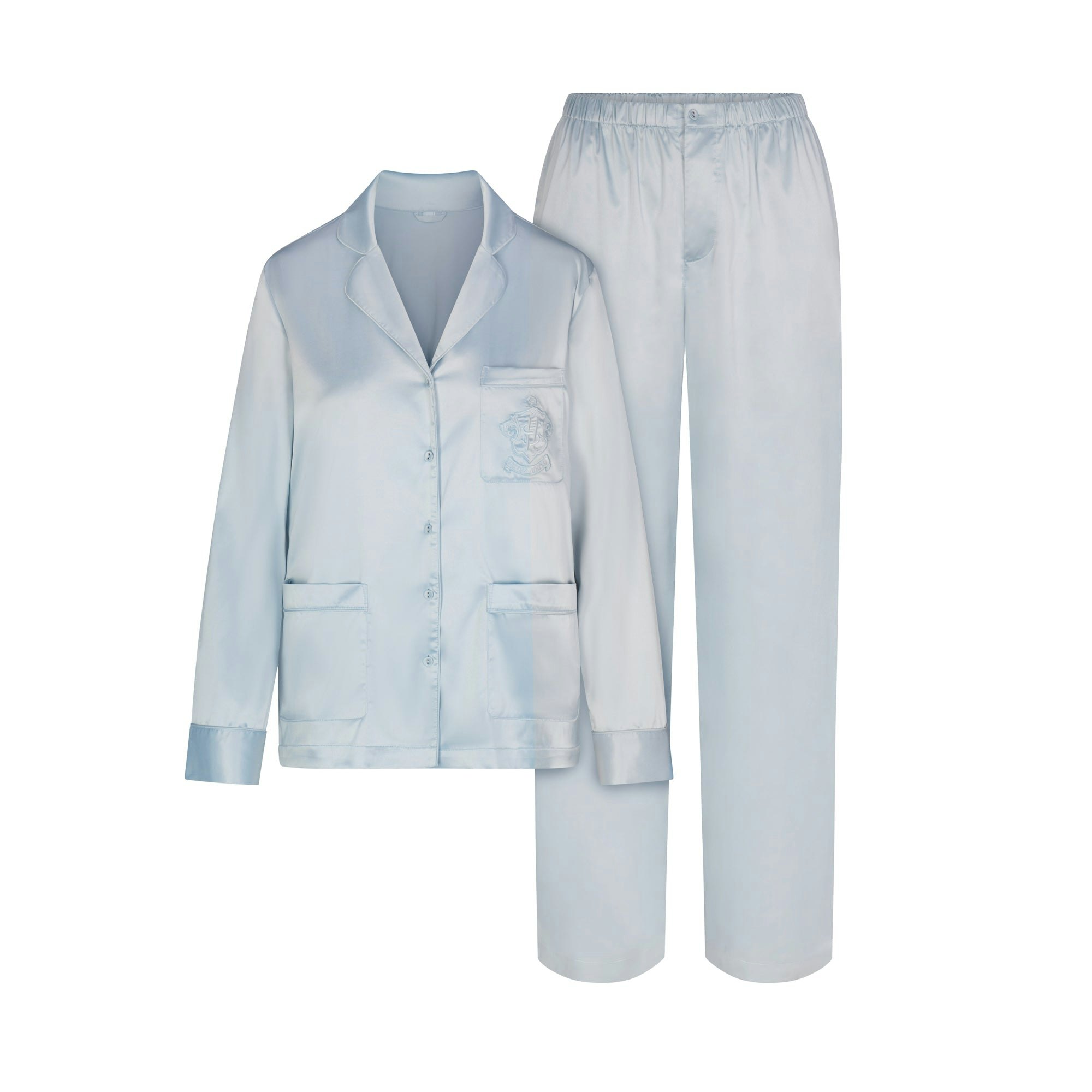 SKIMS HOTEL SHINE LONG SLEEVE BUTTON UP SLEEP SET | FROST LAYS FLAT ON A WHITE BACKGROUND | FLT