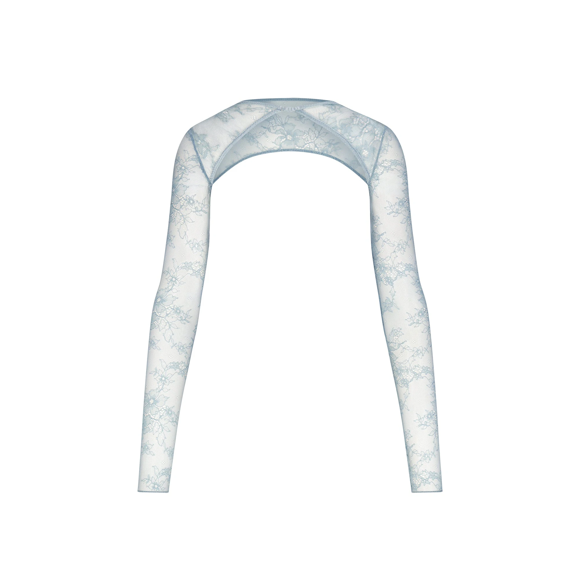ULTRA FINE LACE SHRUG | DENIM FLAT ON A WHITE BACKGROUND