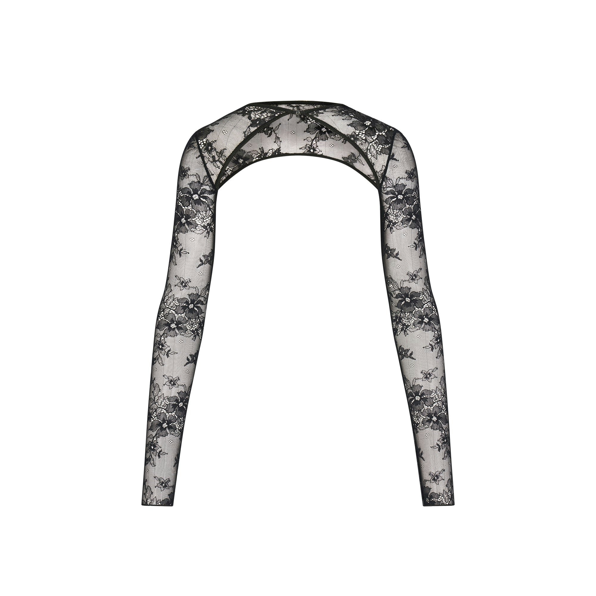 ULTRA FINE LACE SHRUG | ONYX FLAT ON A WHITE BACKGROUND