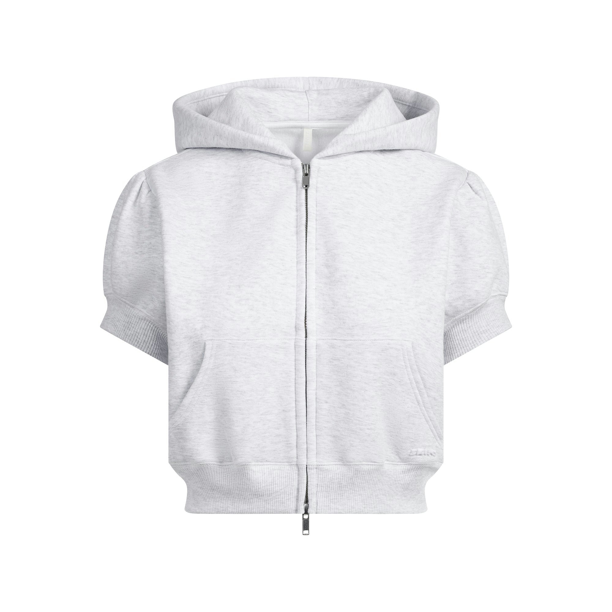 COTTON FLEECE BUBBLE SLEEVE CROPPED ZIP UP | LIGHT HEATHER GREY FLAT ON A WHITE BACKGROUND | FLT