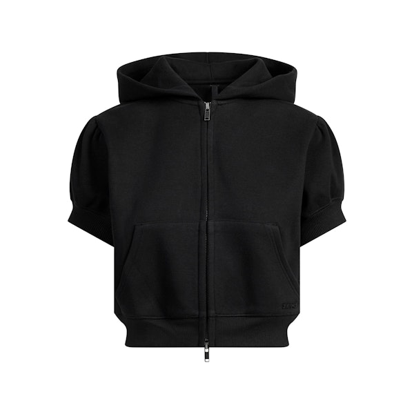 COTTON FLEECE BUBBLE SLEEVE CROPPED ZIP UP | ONYX FLAT ON A WHITE BACKGROUND | FLT