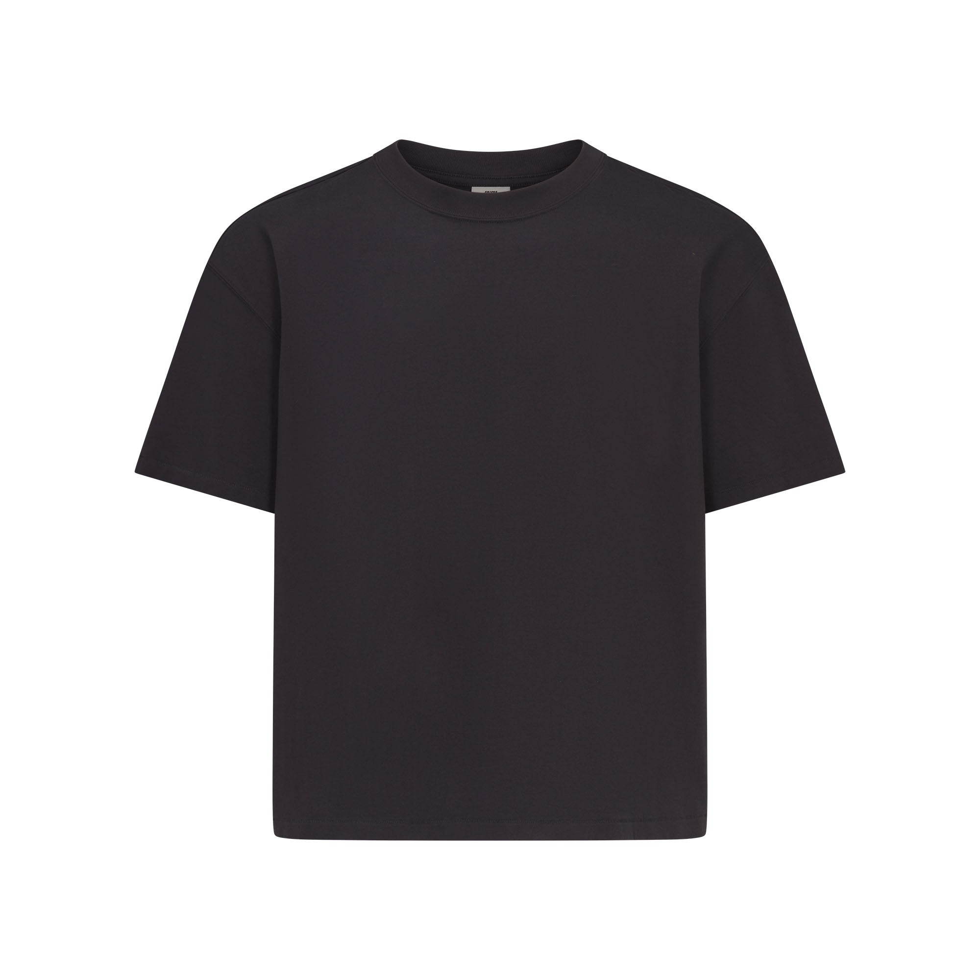 HEAVYWEIGHT COTTON MENS RELAXED CROPPED CREW NECK T-SHIRT | OBSIDIAN FLAT ON A WHITE BACKGROUND @ | FOCUS: 0.0, 1.0, 0.9