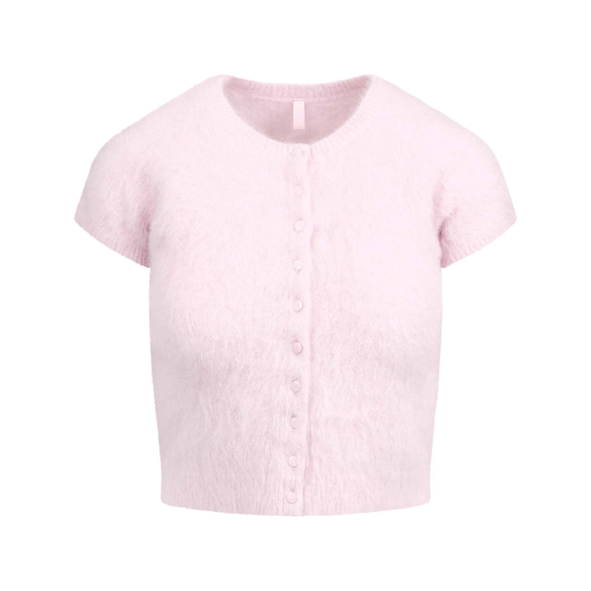 BRUSHED ALPACA SHORT SLEEVE CARDIGAN | CHERRY BLOSSOM FLAT ON A WHITE BACKGROUND | FLT