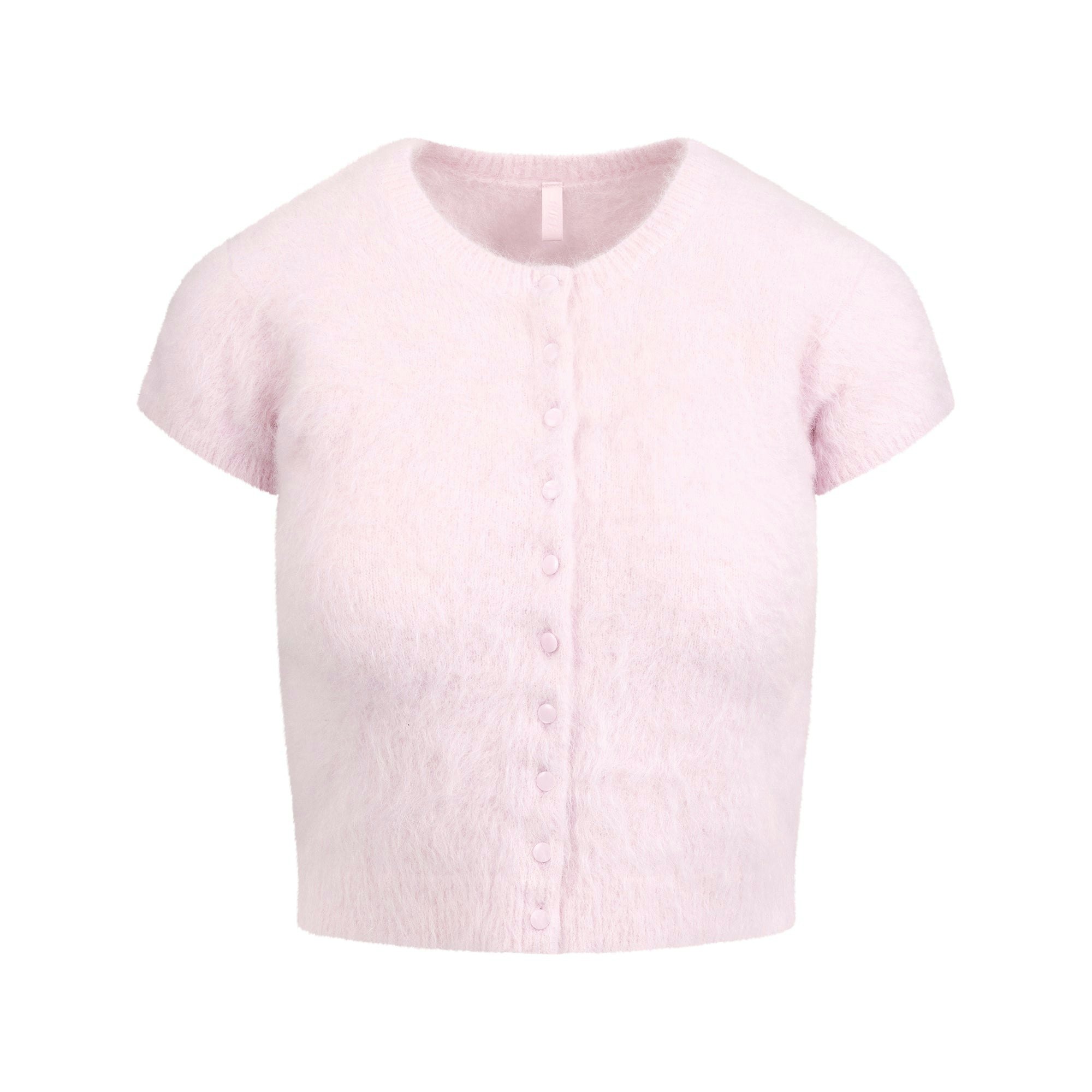 BRUSHED ALPACA SHORT SLEEVE CARDIGAN | CHERRY BLOSSOM FLAT ON A WHITE BACKGROUND | FLT