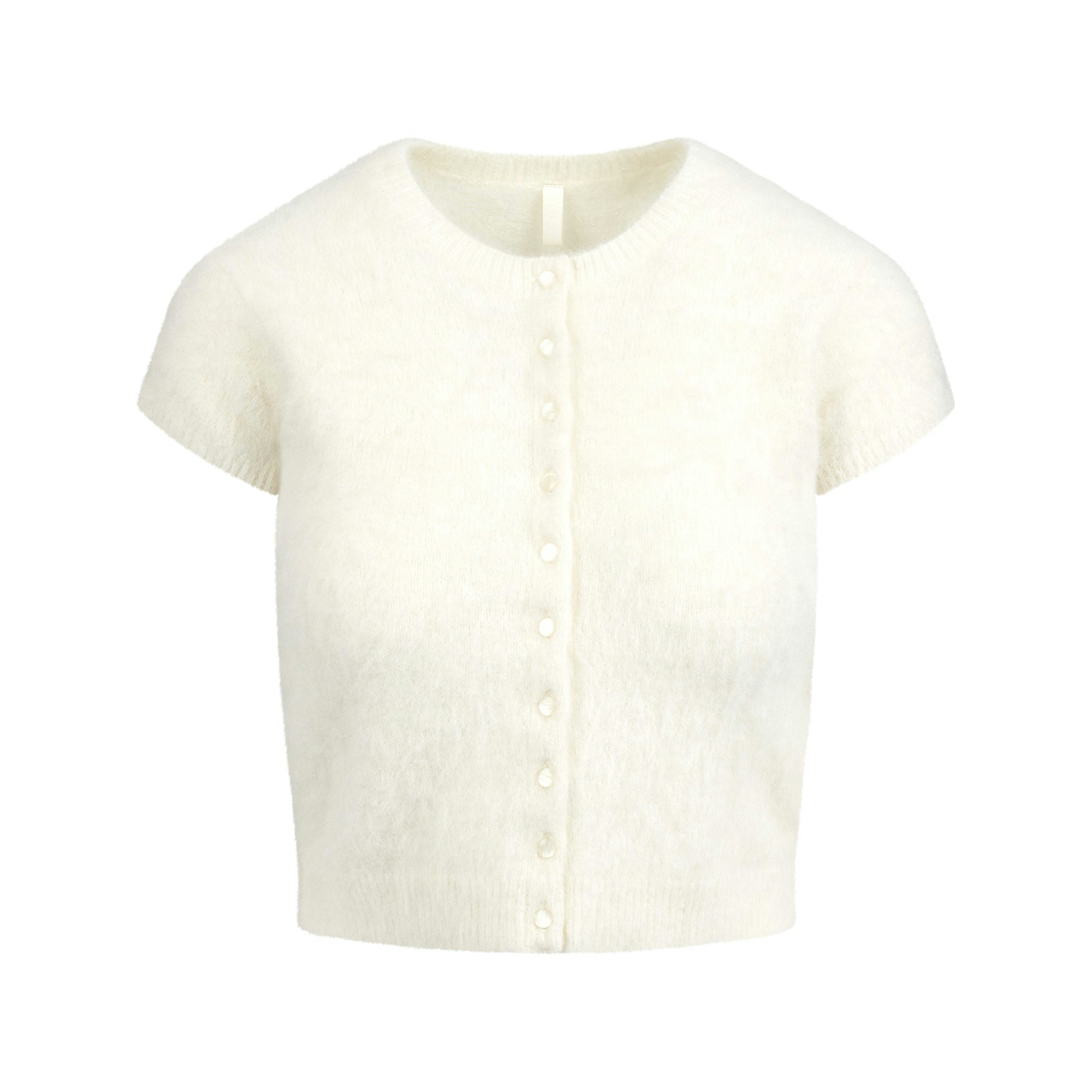 BRUSHED ALPACA SHORT SLEEVE CARDIGAN | EGRET FLAT ON A WHITE BACKGROUND | FLT