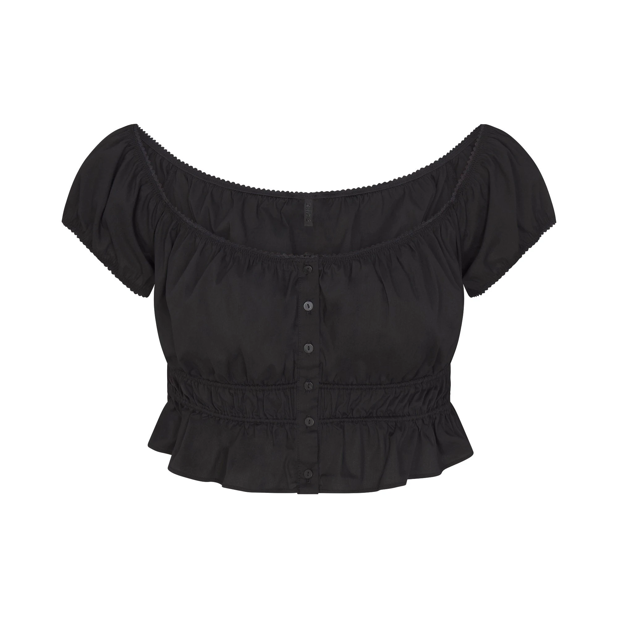 COTTON POPLIN OFF THE SHOULDER TOP | ONYX FLAT ON A WHITE BACKGROUND | FLT