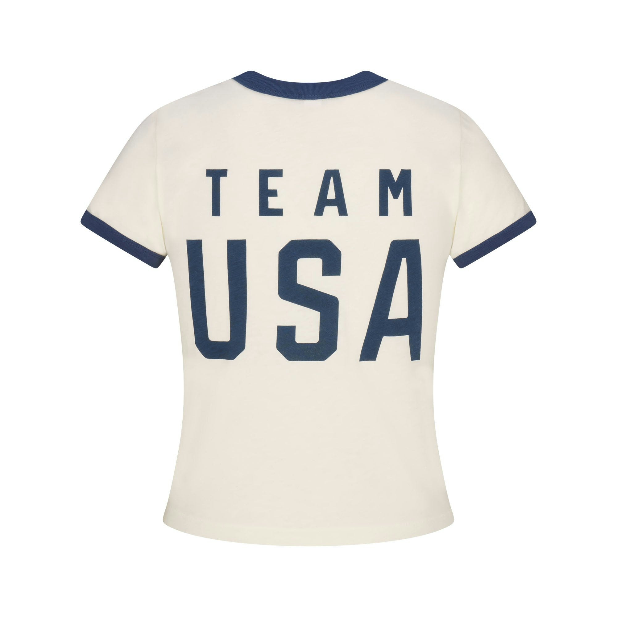 SKIMS FOR TEAM USA WORN IN JERSEY OLYMPIC SHRUNKEN T-SHIRT | ECRUON A MODEL FRONT VIEW @ | FOCUS: 0.0, 1.0, 0.9