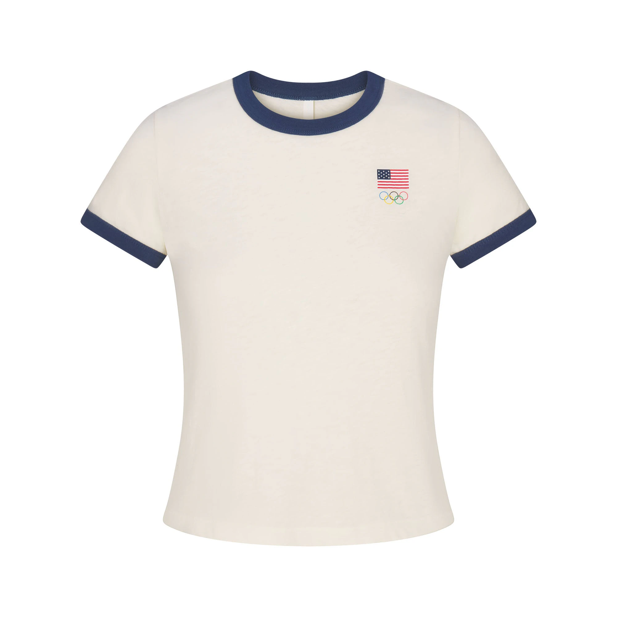SKIMS FOR TEAM USA WORN IN JERSEY OLYMPIC SHRUNKEN T-SHIRT | ECRUFLAT ON A WHITE BACKGROUND | FLT
