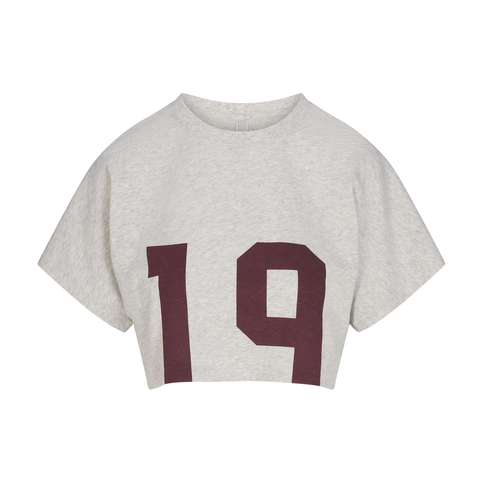 WORN IN JERSEY SUPER CROPPED T-SHIRT | CURRANT 19 PRINT & LAYS FLAT ON A WHITE BACKGROUND | FLT