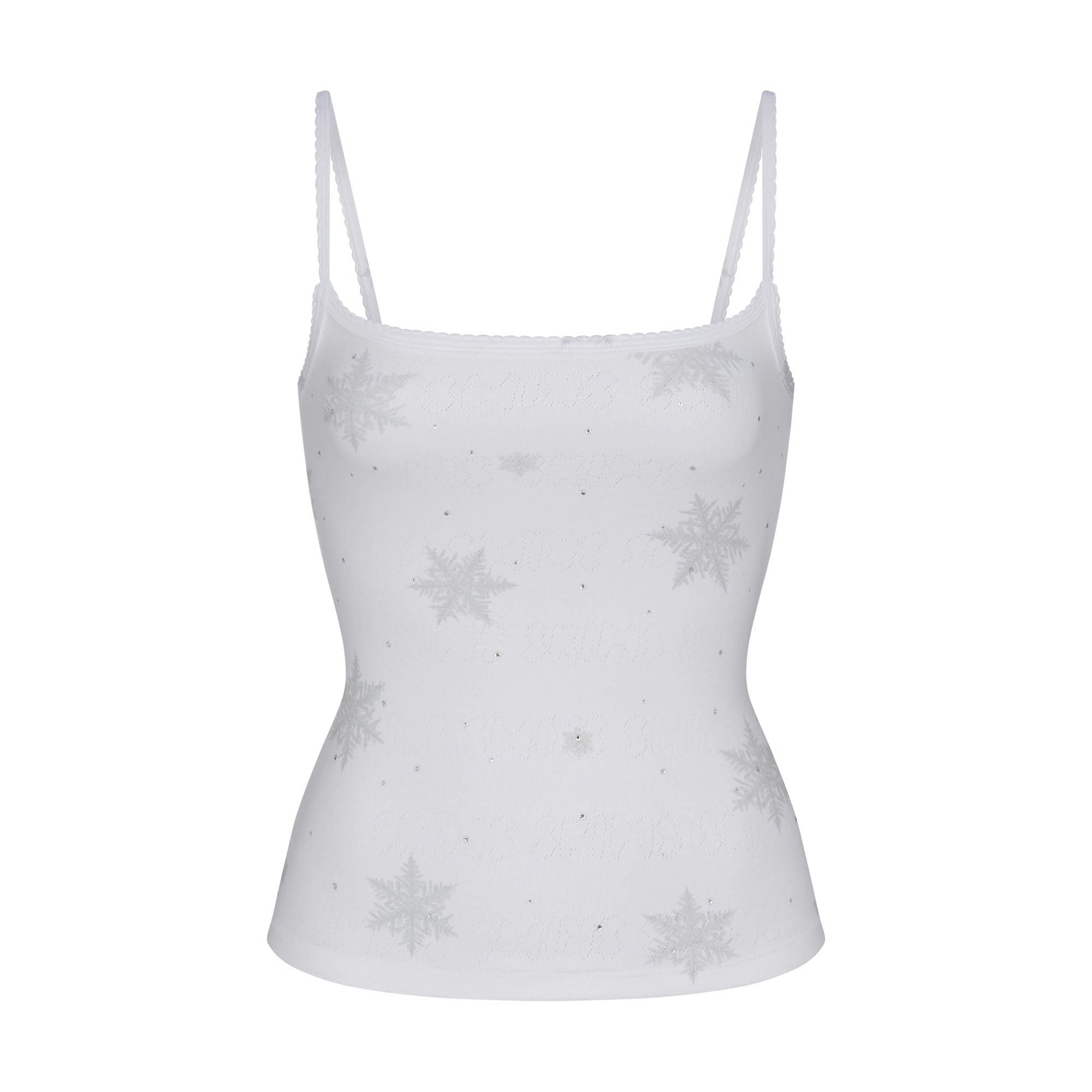 LOGO PLUSH POINTELLE RHINESTONE TANK | SNOW RHINESTONE PRINT FLAT ON A WHITE BACKGROUND | FLT