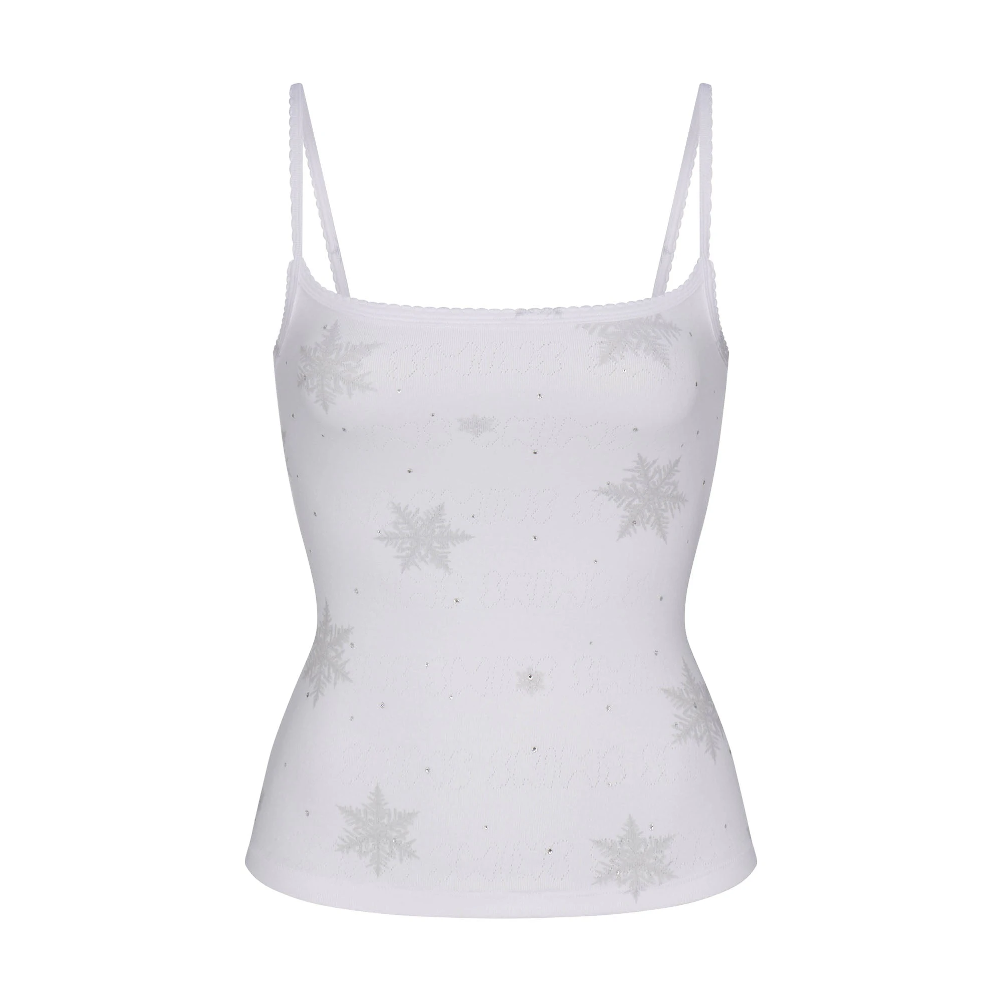 LOGO PLUSH POINTELLE RHINESTONE TANK | SNOW RHINESTONE PRINT FLAT ON A WHITE BACKGROUND | FLT