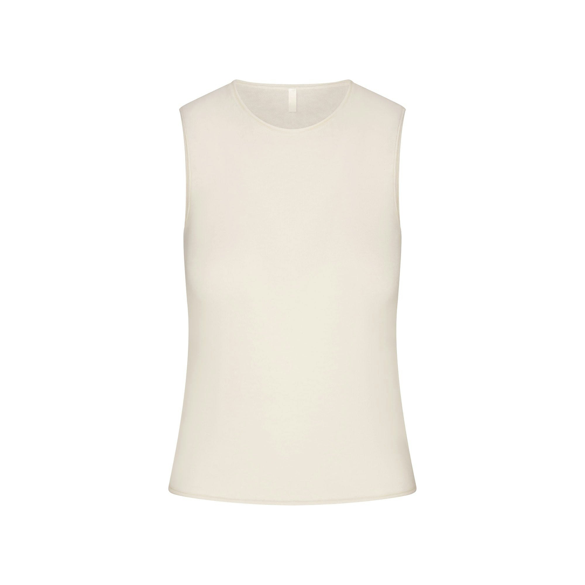 FEATHERWEIGHT CASHMERE SLEEVELESS TOP | EGRET FLAT ON A WHITE BACKGROUND | FLT