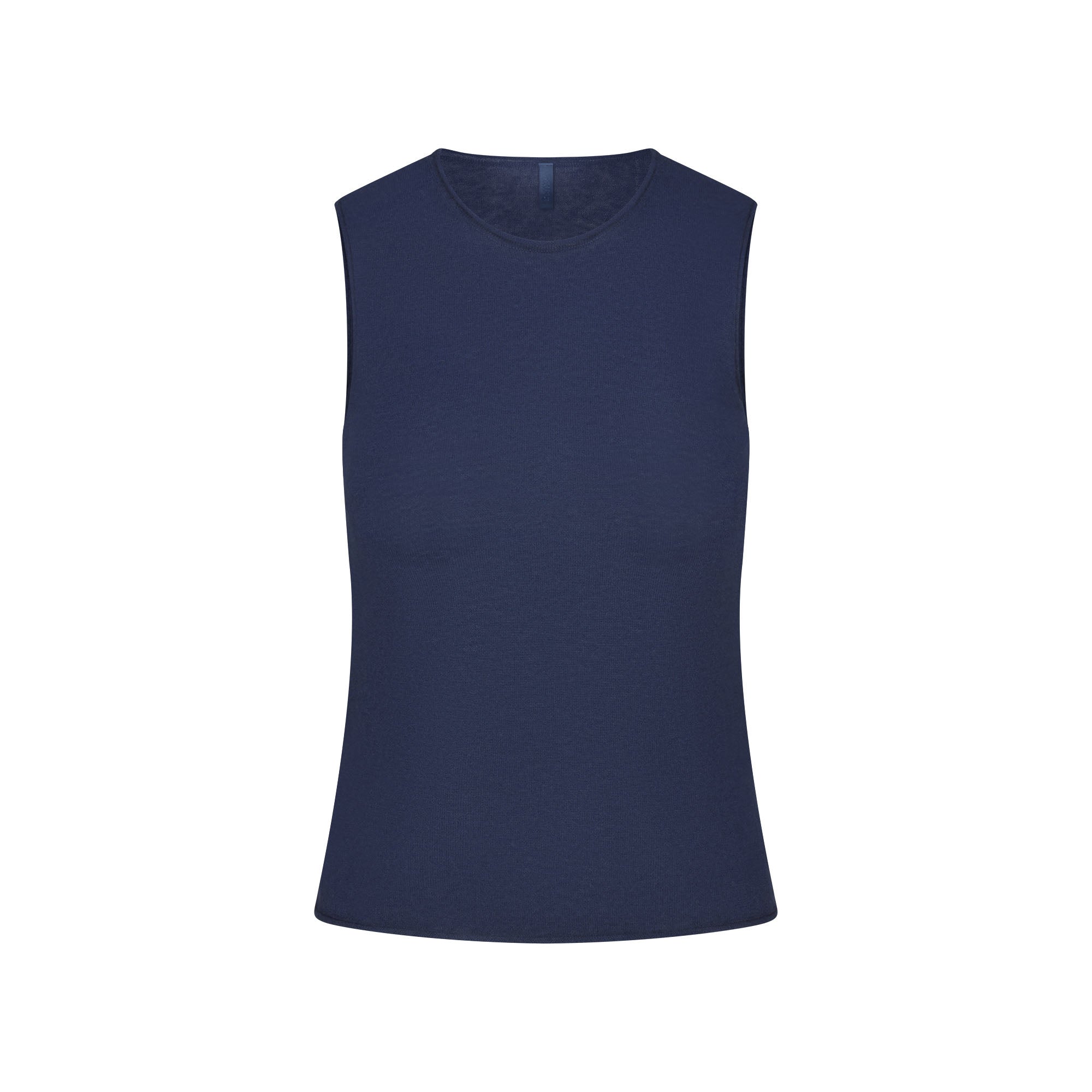 FEATHERWEIGHT CASHMERE SLEEVELESS TOP | INDIGO FLAT ON A WHITE BACKGROUND | FLT