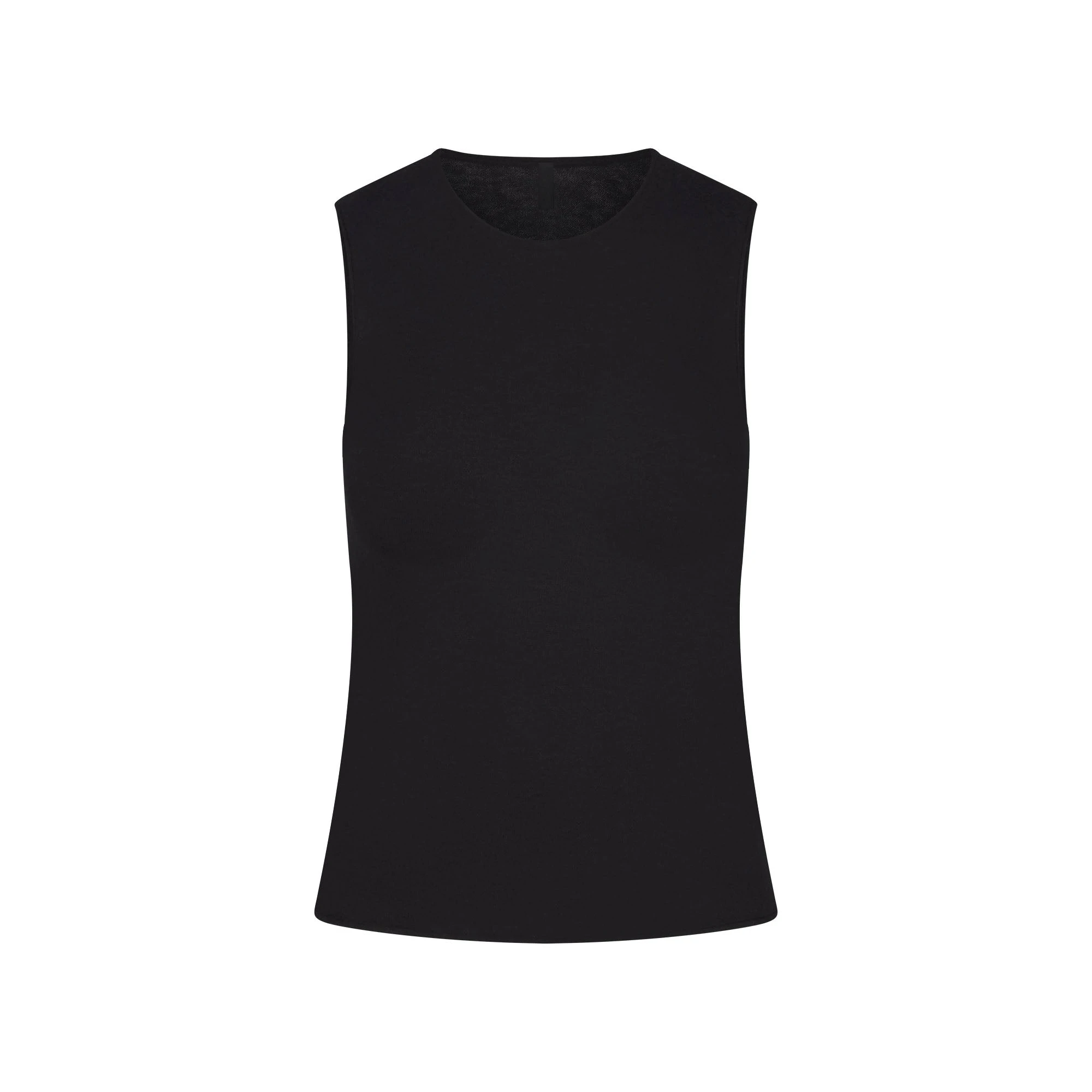 FEATHERWEIGHT CASHMERE SLEEVELESS TOP | ONYX FLAT ON A WHITE BACKGROUND | FLT