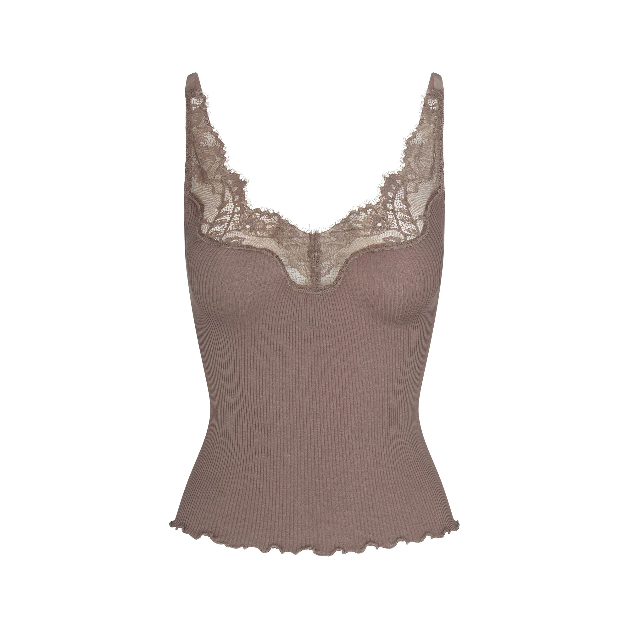 RIB KNIT LACE CAMI | AMETHYST FLAT ON A WHITE BACKGROUND | FLT