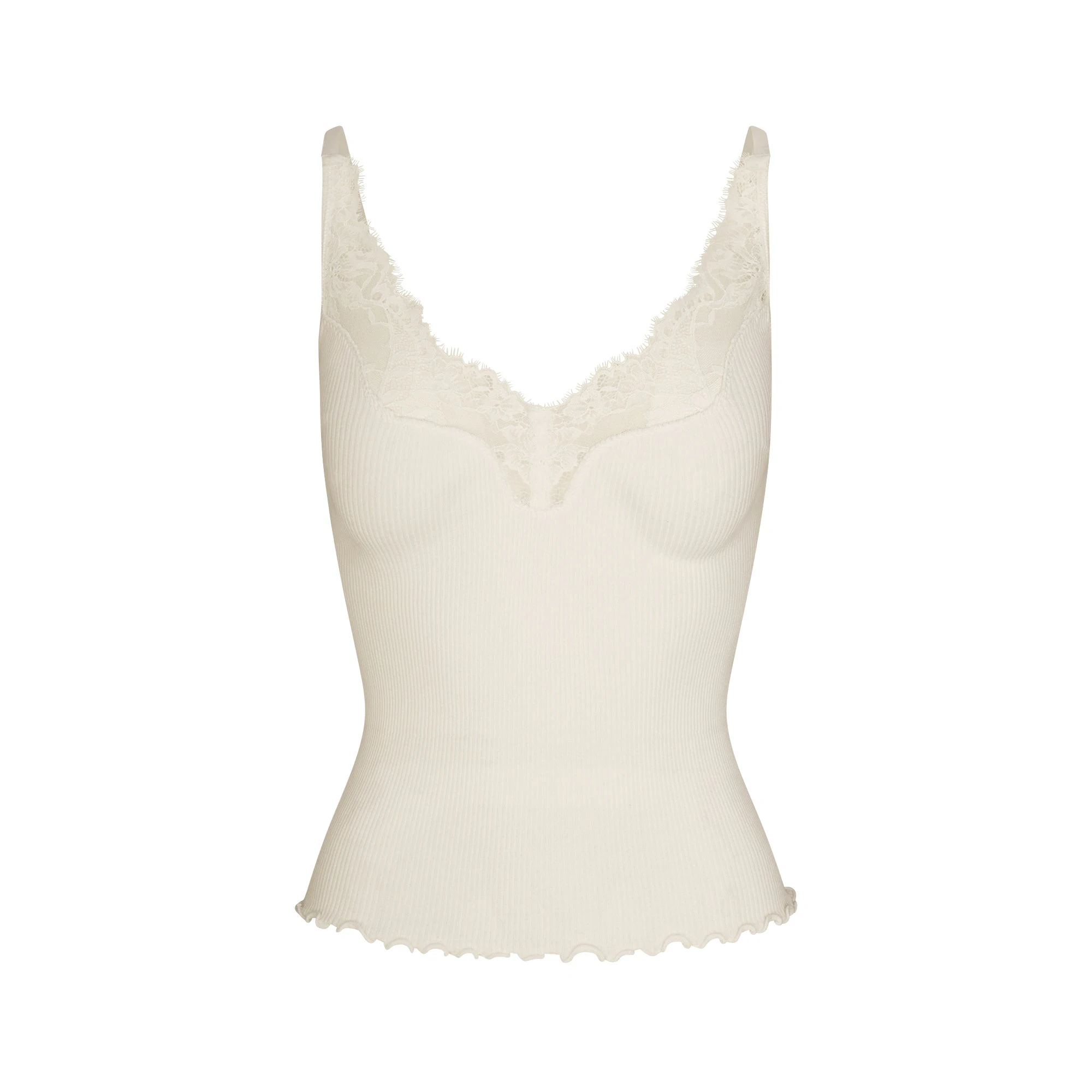 RIB KNIT LACE CAMI | EGRET FLAT ON A WHITE BACKGROUND | FLT