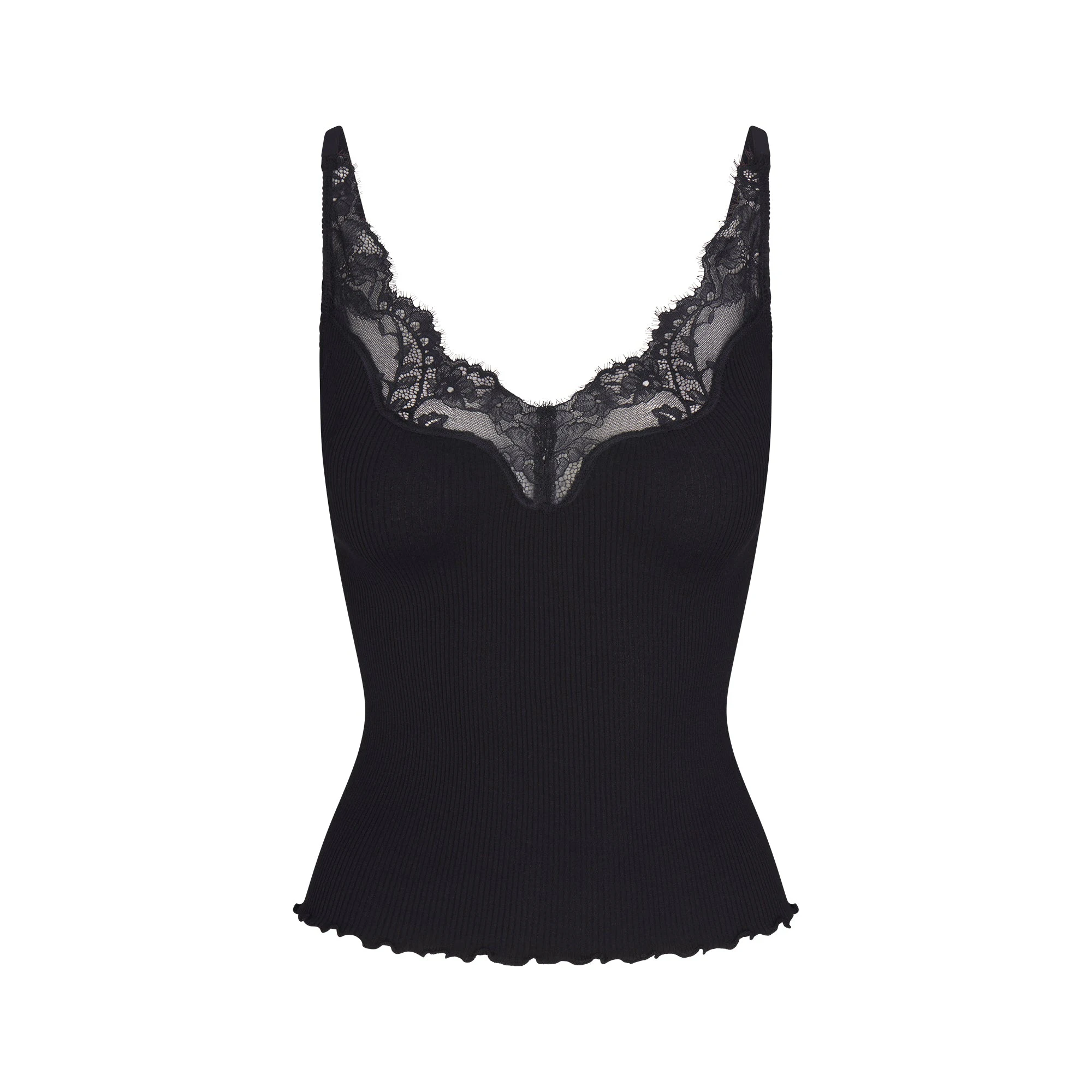 RIB KNIT LACE CAMI | OBSIDIAN FLAT ON A WHITE BACKGROUND | FLT