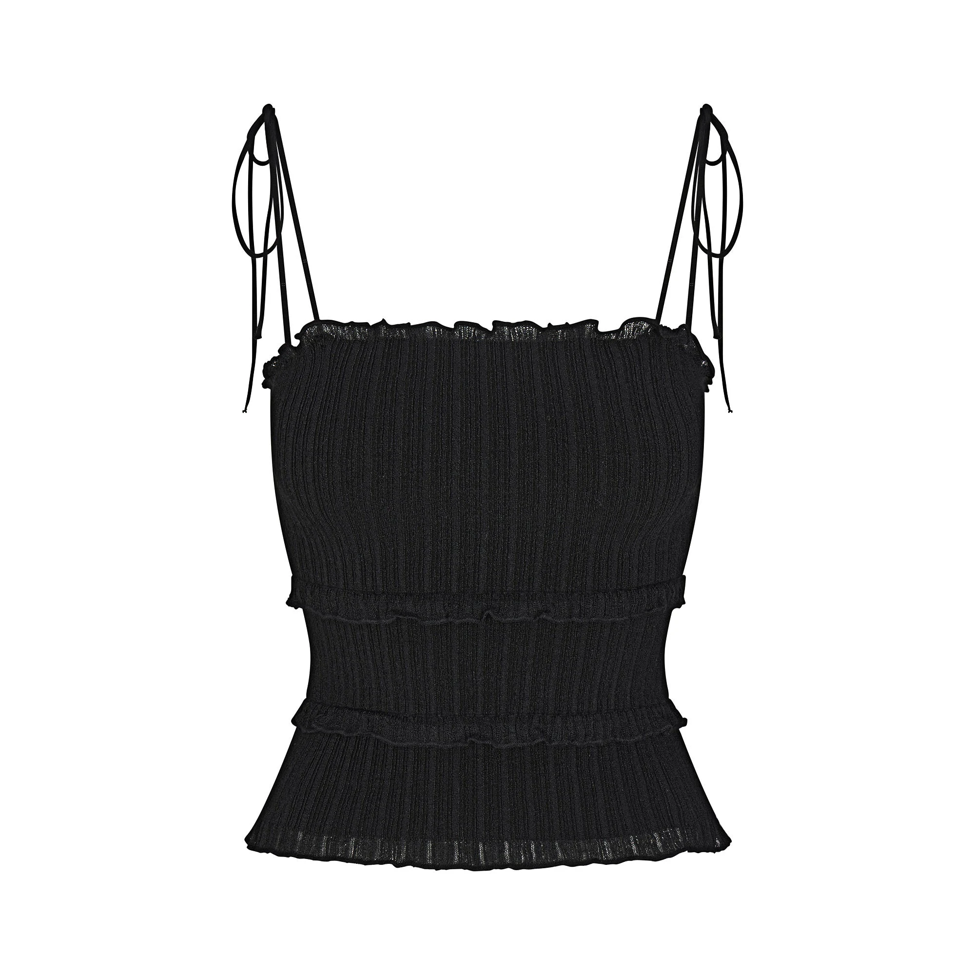 SHEER KNIT RUFFLE CAMI | ONYX FLAT ON A WHITE BACKGROUND | FLT