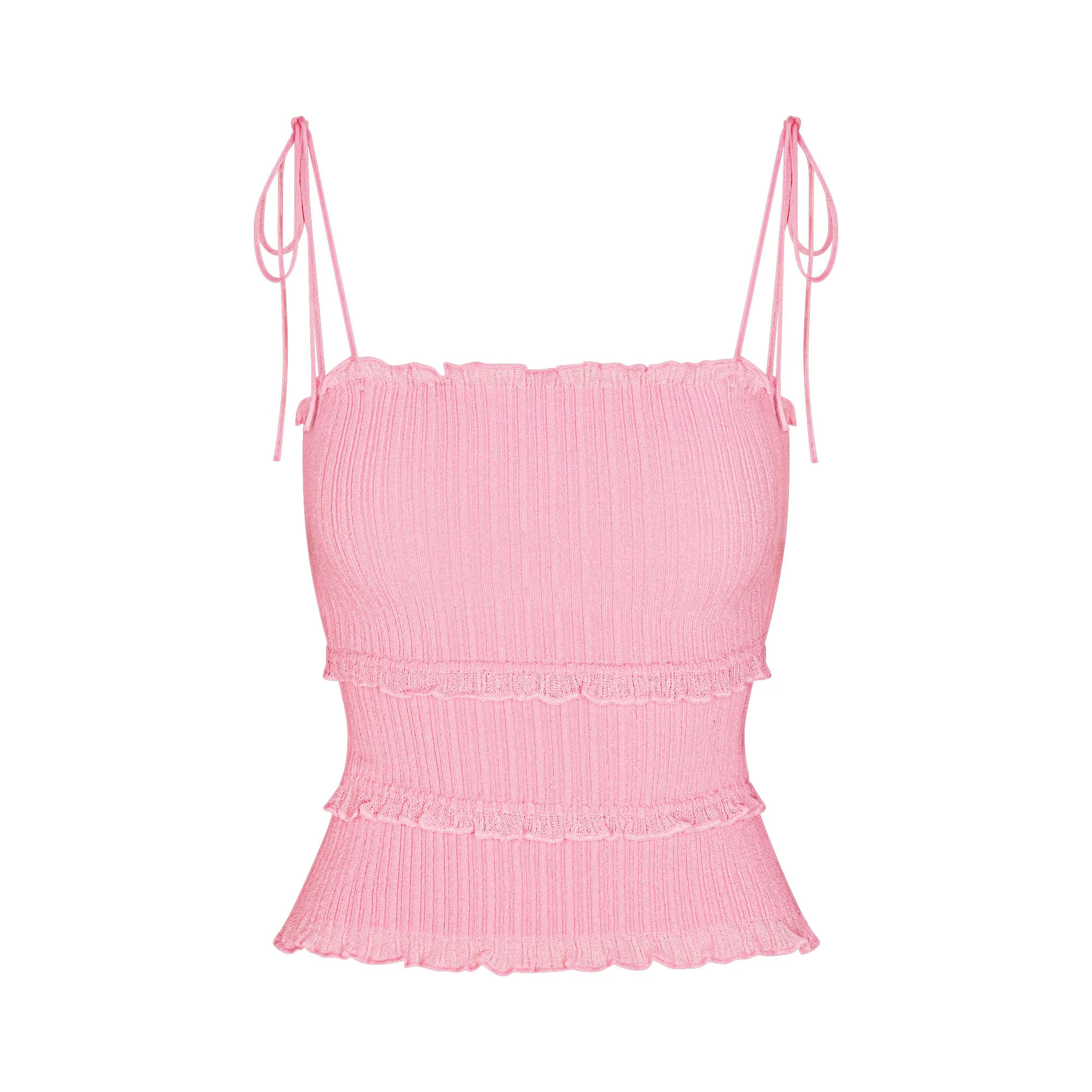 SHEER KNIT RUFFLE CAMI | PEONY FLAT ON A WHITE BACKGROUND | FLT