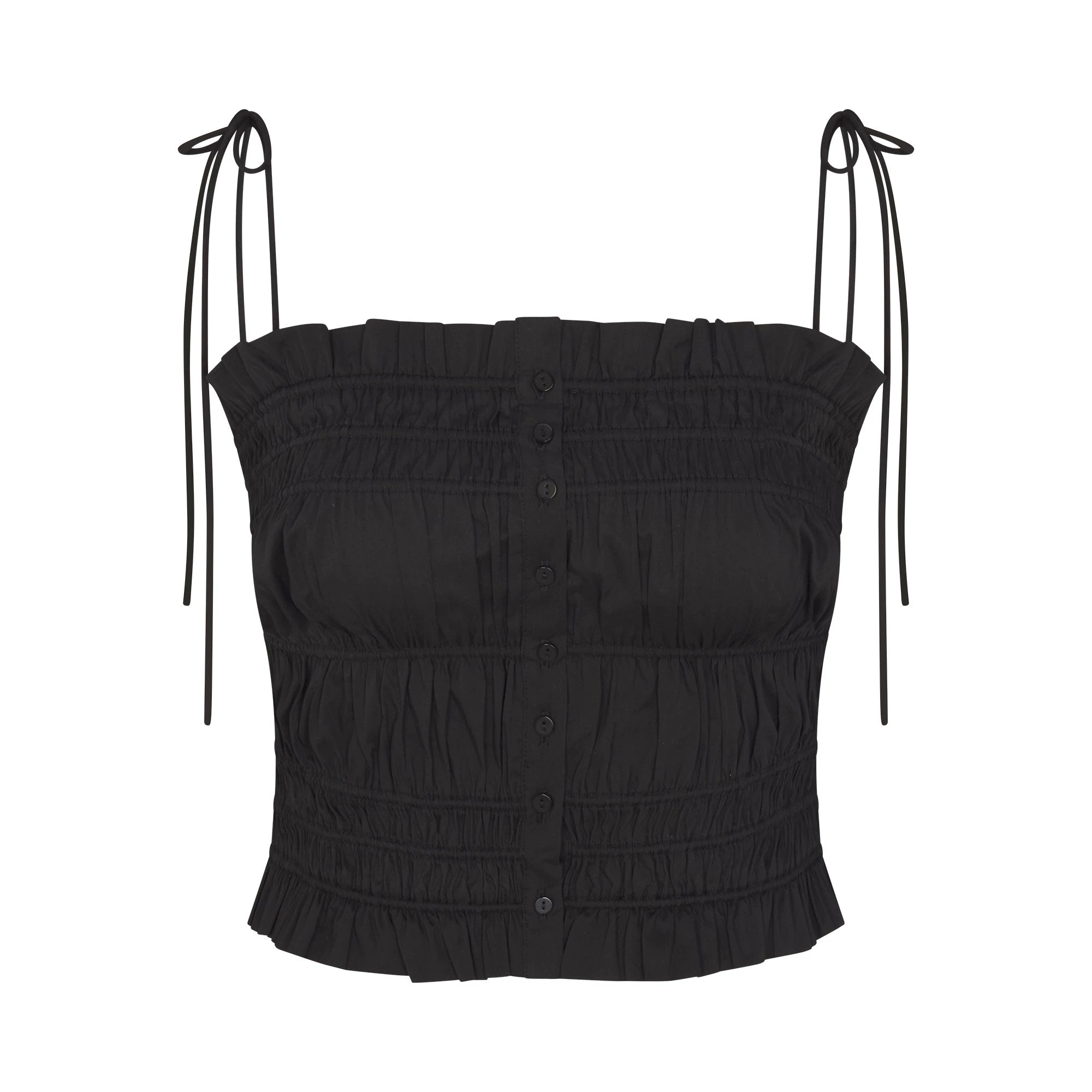 COTTON POPLIN RUFFLE CAMI | ONYX FLAT ON A WHITE BACKGROUND | FLT