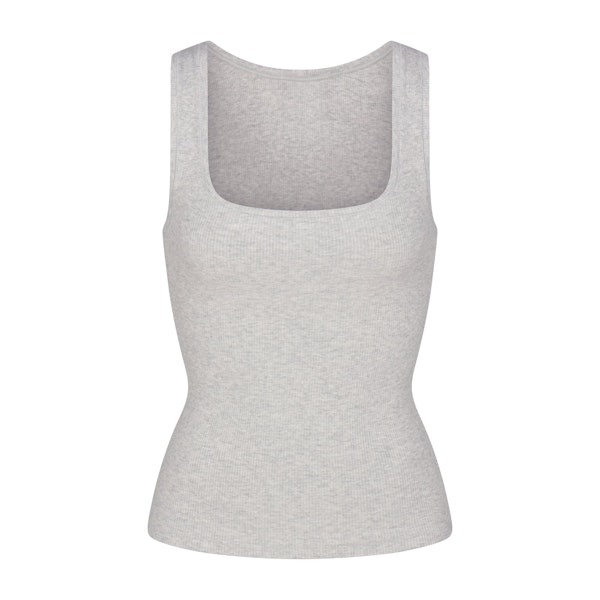 COTTON RIB LONG TANK | LIGHT HEATHER GREY (TANKS, TOPS) LAYS FLAT ON A WHITE BACKGROUND | FLT