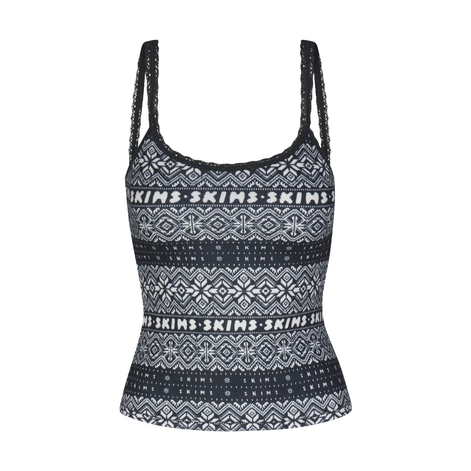 LOGO PLUSH POINTELLE SCOOP TANK | ONYX FAIR ISLE LAYS FLAT ON A WHITE BACKGROUND