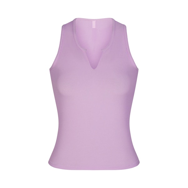 SOFT LOUNGE SPLIT NECK TANK | SUGAR PLUM (TANKS, TOPS) LAYS FLAT ON A WHITE BACKGROUND | FLT