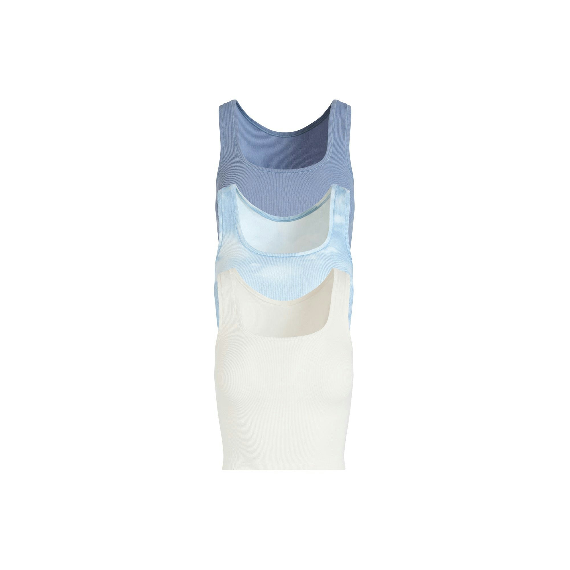 COTTON RIB TANK 3-PACK | BLUE QUARTZ CLOUD MULTI FLAT ON A WHITE BACKGROUND | FOCUS: 0.9, 0.1, 0.7