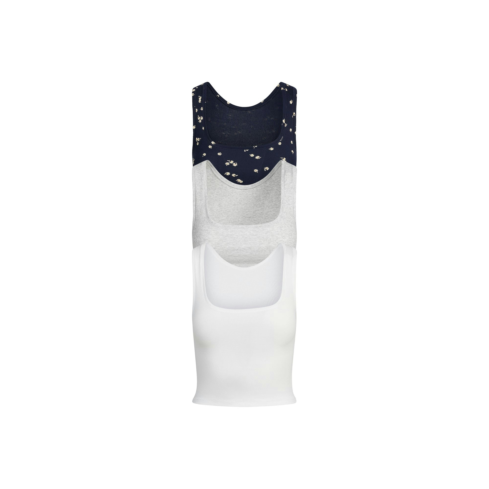 COTTON RIB TANK 3-PACK | NAVY DAISY PRINT FLAT ON A WHITE BACKGROUND | FLT | FOCUS: 0.9, 0.1, 0.7