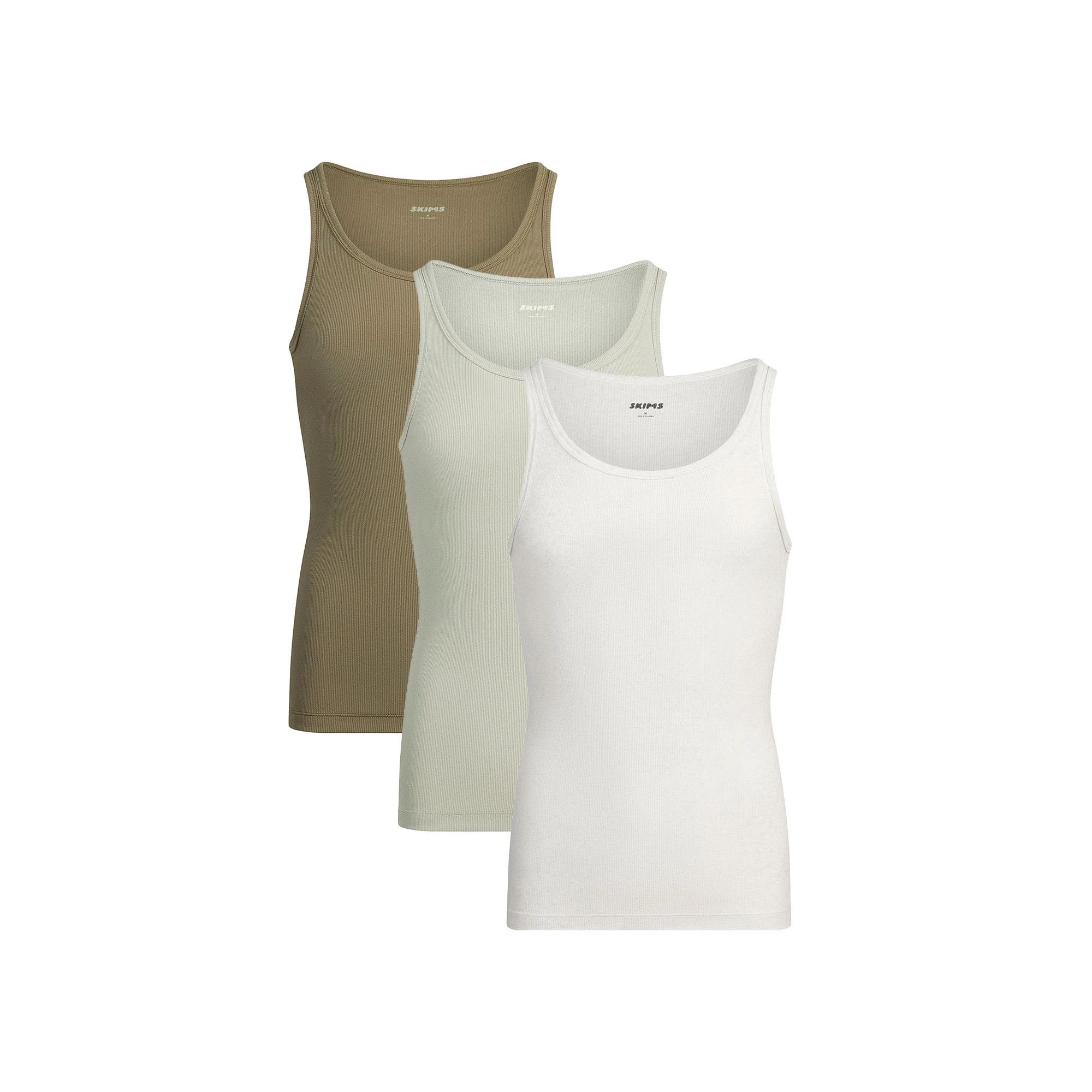 SKIMS COTTON MENS RIB TANK 3-PACK | ARMY MULTI FLAT ON A WHITE BACKGROUND | FLT | FOCUS: 0.0, 1.0, 0.9 