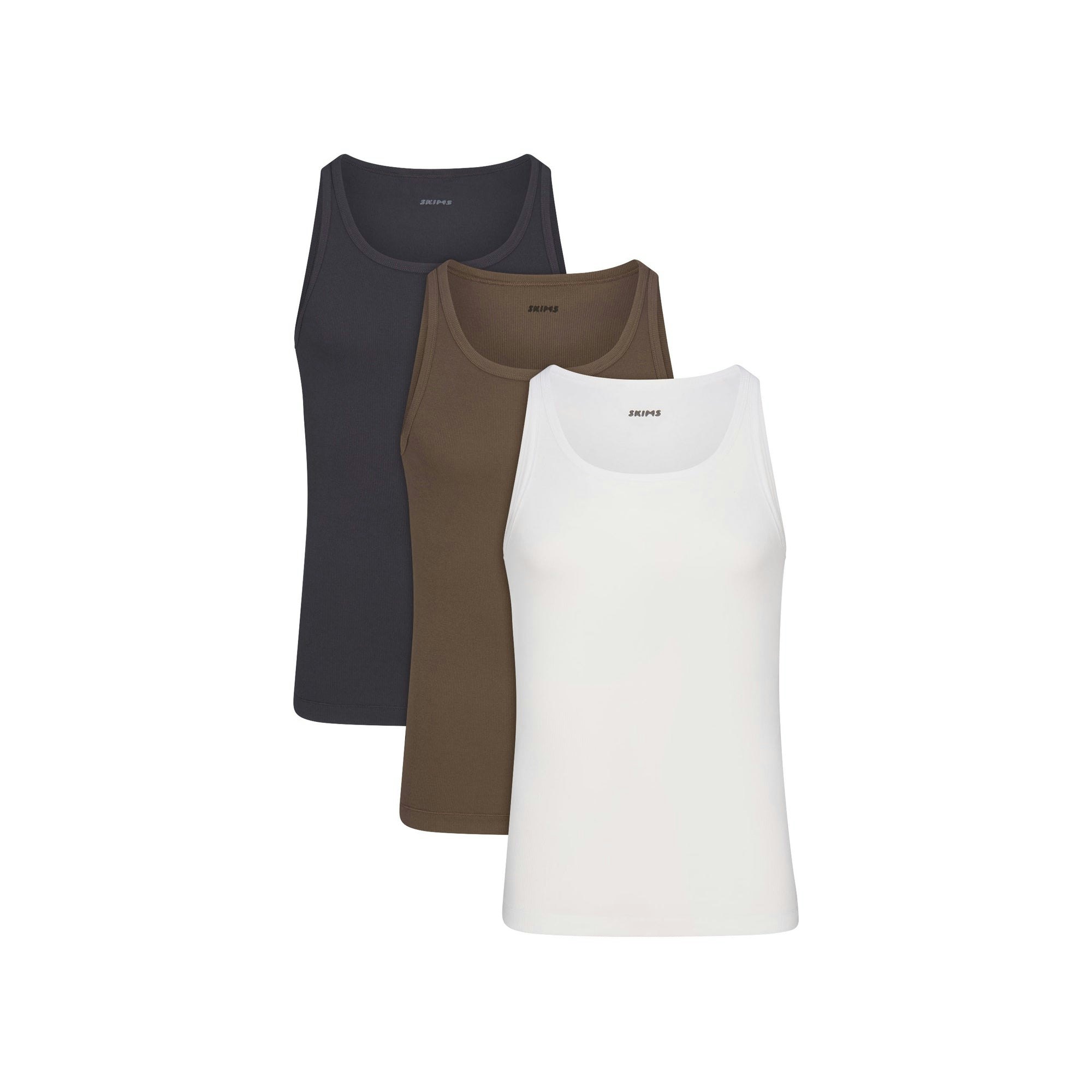 SKIMS Cotton MENS RIB TANK 3-PACK | DRIFTWOOD MULTI FLAT ON A WHITE BACKGROUND | FLT @ | FOCUS: 0.9, 0.1, 0.7