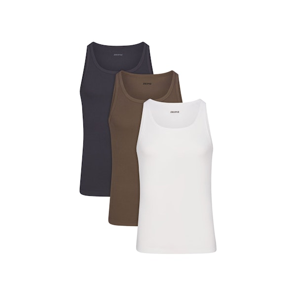 SKIMS Cotton MENS RIB TANK 3-PACK | DRIFTWOOD MULTI FLAT ON A WHITE BACKGROUND | FLT @ | FOCUS: 0.9, 0.1, 0.7