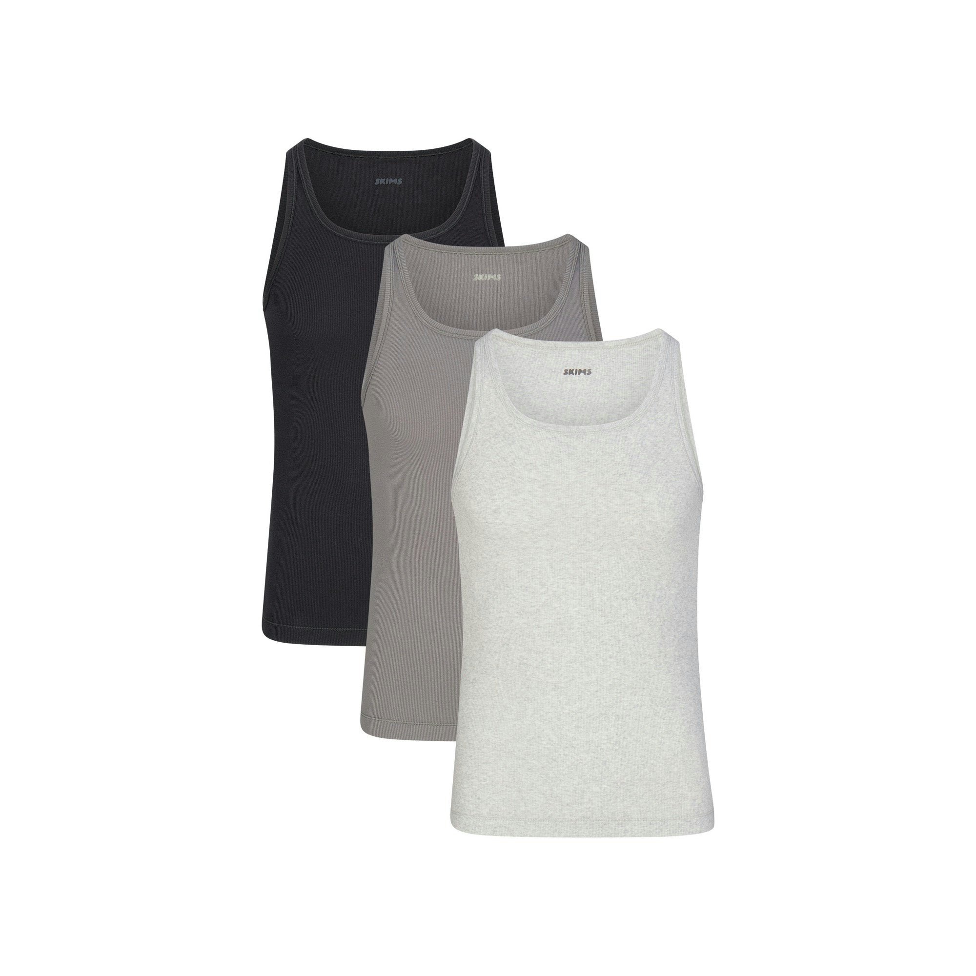 SKIMS COTTON MENS RIB TANK 3-PACK LAYS FLAT ON A WHITE BACKGROUND | FLT | FOCUS: 0.0, 1.0, 0.9