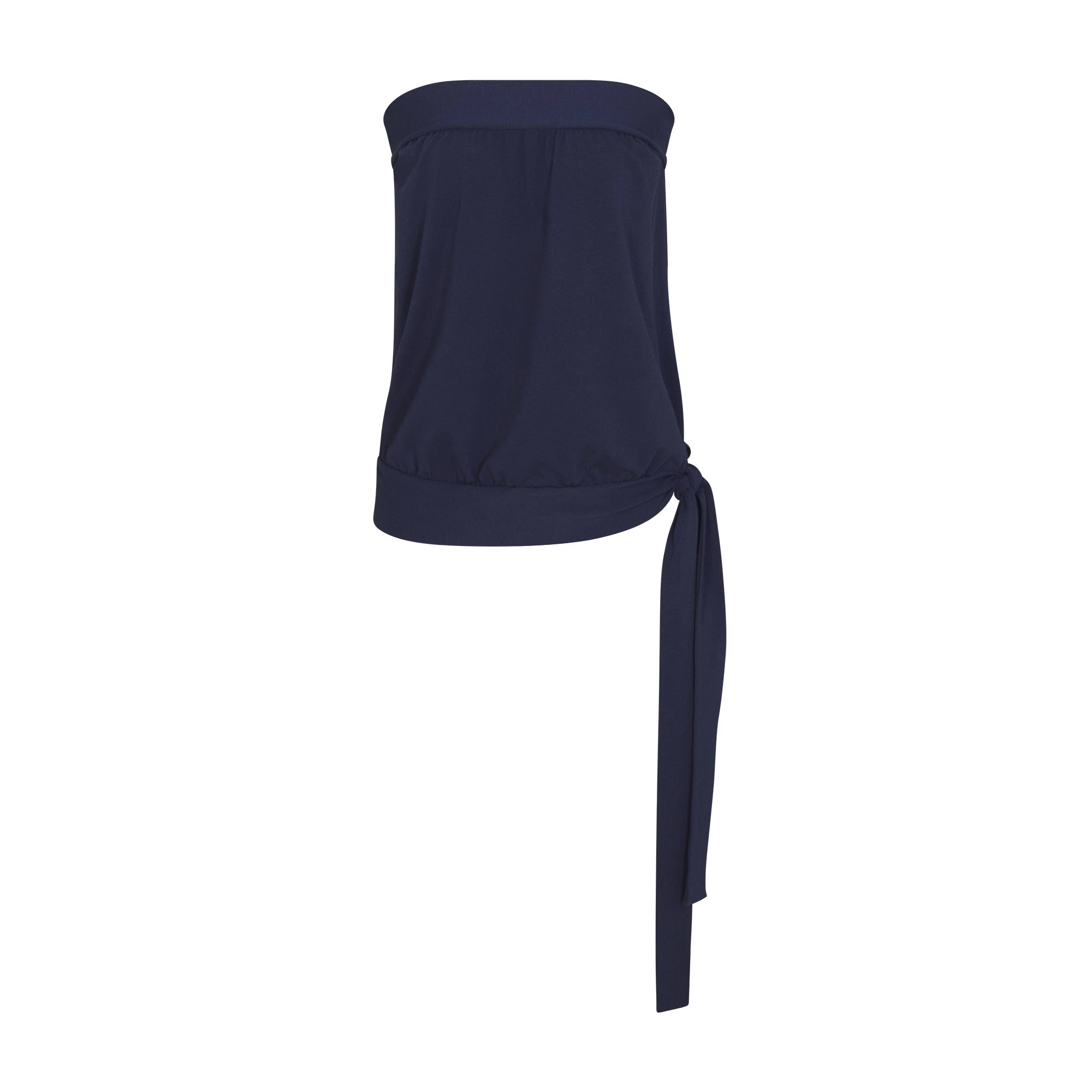 COTTON JERSEY TIE SIDE TUBE TOP | NAVY LAYS FLAT ON A WHITE BACKGROUND | FLT