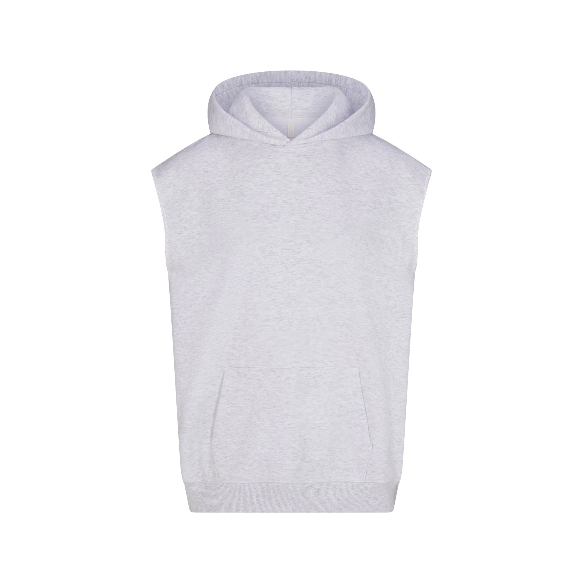 COTTON FLEECE OVERSIZED SLEEVELESS HOODIE | LIGHT HEATHER GREY & LAYS FLAT ON A WHITE BACKGROUND | FLT
