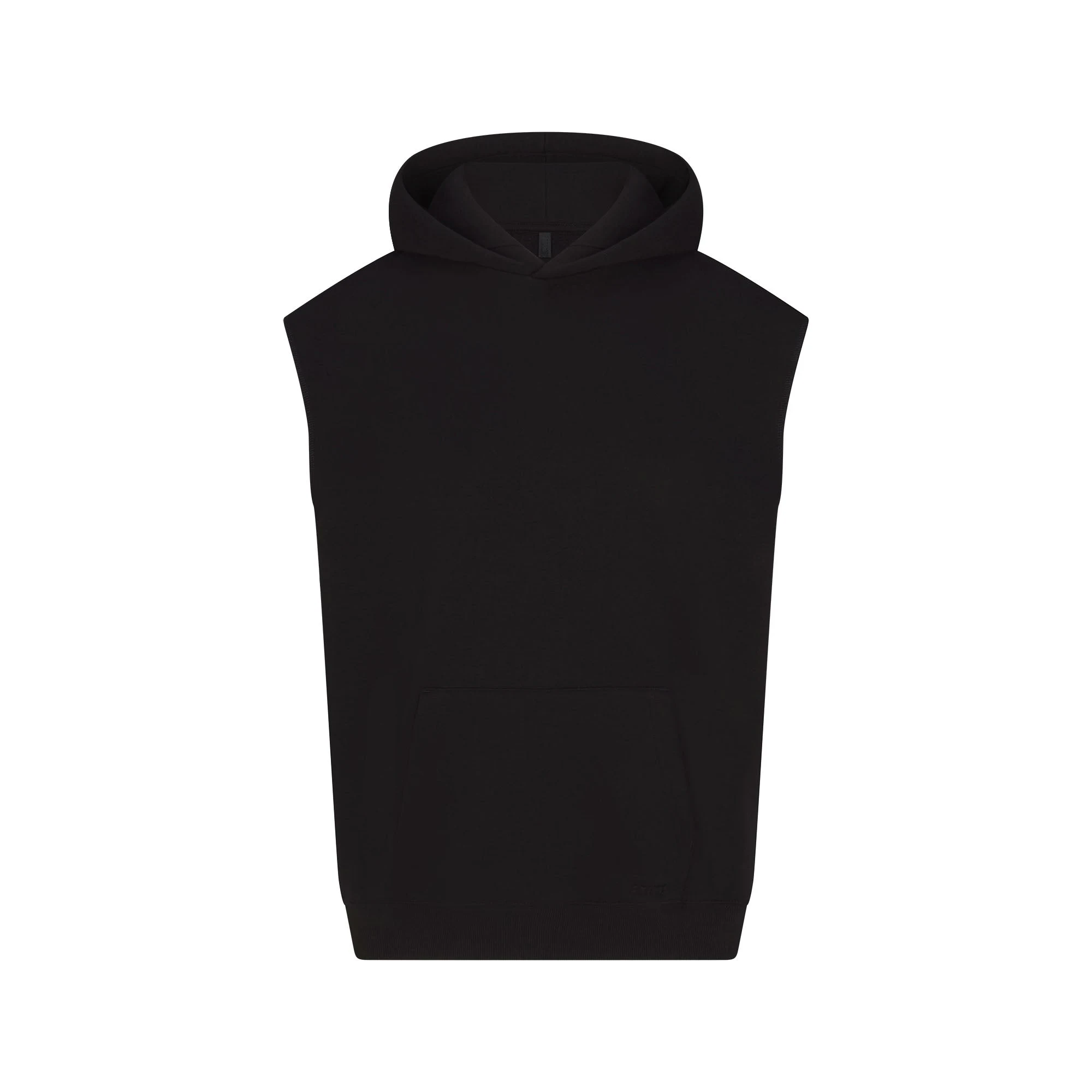 COTTON FLEECE OVERSIZED SLEEVELESS HOODIE | ONYX & LAYS FLAT ON A WHITE BACKGROUND | FLT