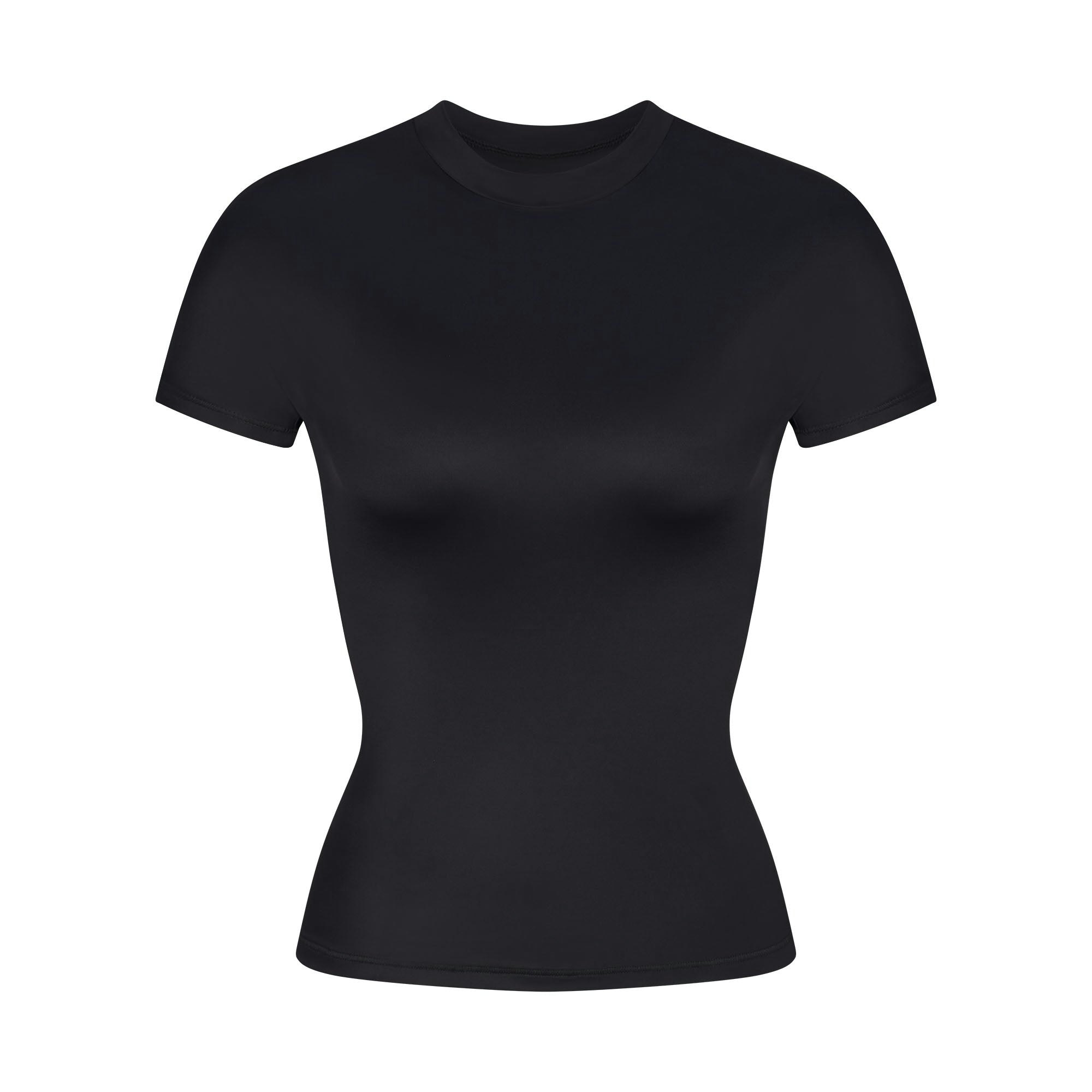 NikeSKIMS SHINE SHORT SLEEVE MOCK NECK TOP | OBSIDIAN FLAT ON A WHITE BACKGROUND | FLT