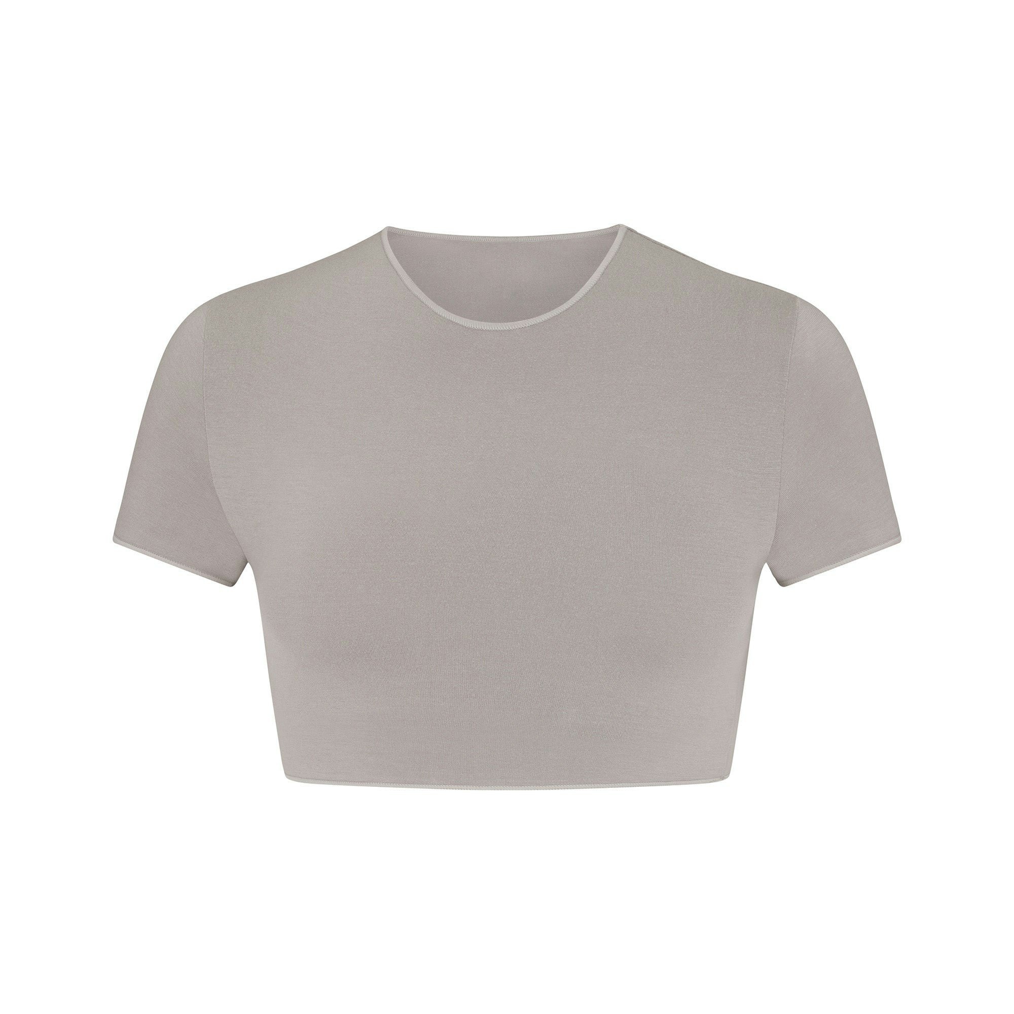 SEAMLESS MODAL CROPPED T-SHIRT | SMOKE (T-SHIRTS, TOPS) FLAT ON A WHITE BACKGROUND | FLT