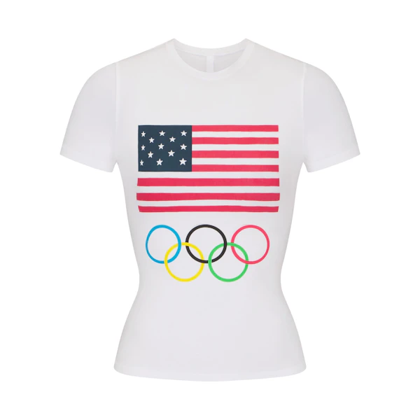 SKIMS FOR TEAM USA COTTON JERSEY OLYMPIC T-SHIRT | WHITE (T-SHIRTS, TOPS) FLAT ON A WHITE BACKGROUND | FLT