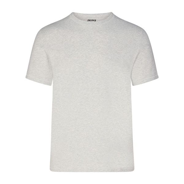 SKIMS COTTON MENS T-SHIRT | LIGHT HEATHER GREY (MENS T-SHIRTS, MENS TOPS) LAYS FLAT ON A WHITE BACKGROUND