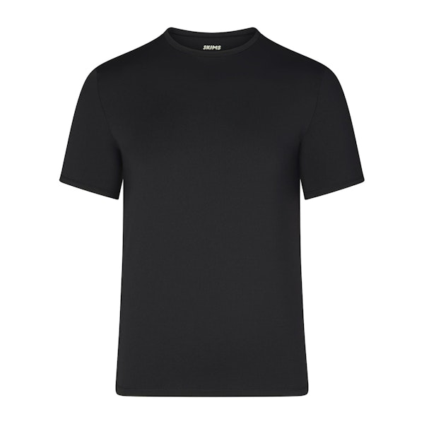 SKIMS SPORT MENS T-SHIRT | OBSIDIAN (MENS T-SHIRTS, MENS TOPS) LAYS FLAT ON A WHITE BACKGROUND | FLT