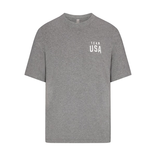 SKIMS FOR TEAM USA JERSEY SLEEP MENS OLYMPIC T-SHIRT | HEATHER GREY (MENS T-SHIRTS, MENS TOPS) FLAT ON A WHITE BACKGROUND | FLT