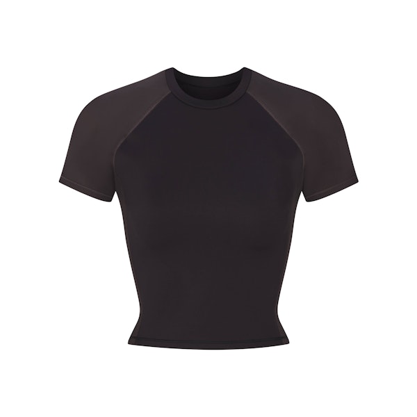 NikeSKIMS MATTE AND SHINE CREWNECK CROP SHORT SLEEVE | OBSIDIAN/IGNEOUS FLAT ON A WHITE BACKGROUND | FLT